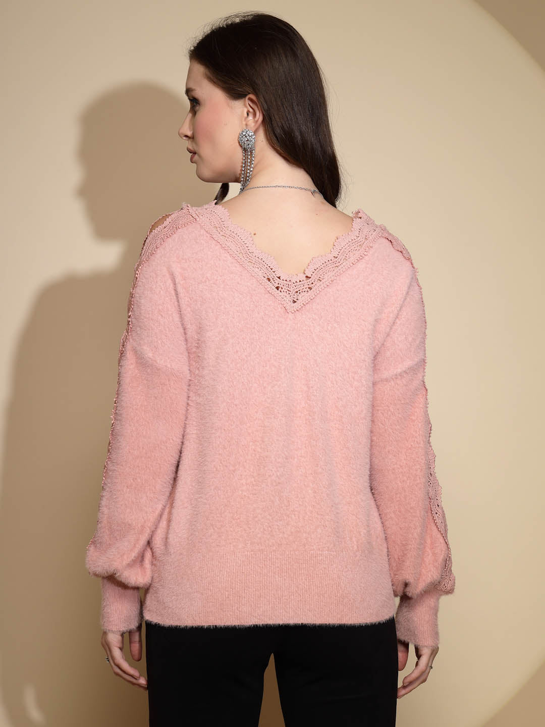 Pink Solid V-Neck Acrylic Pullover - Global Republic