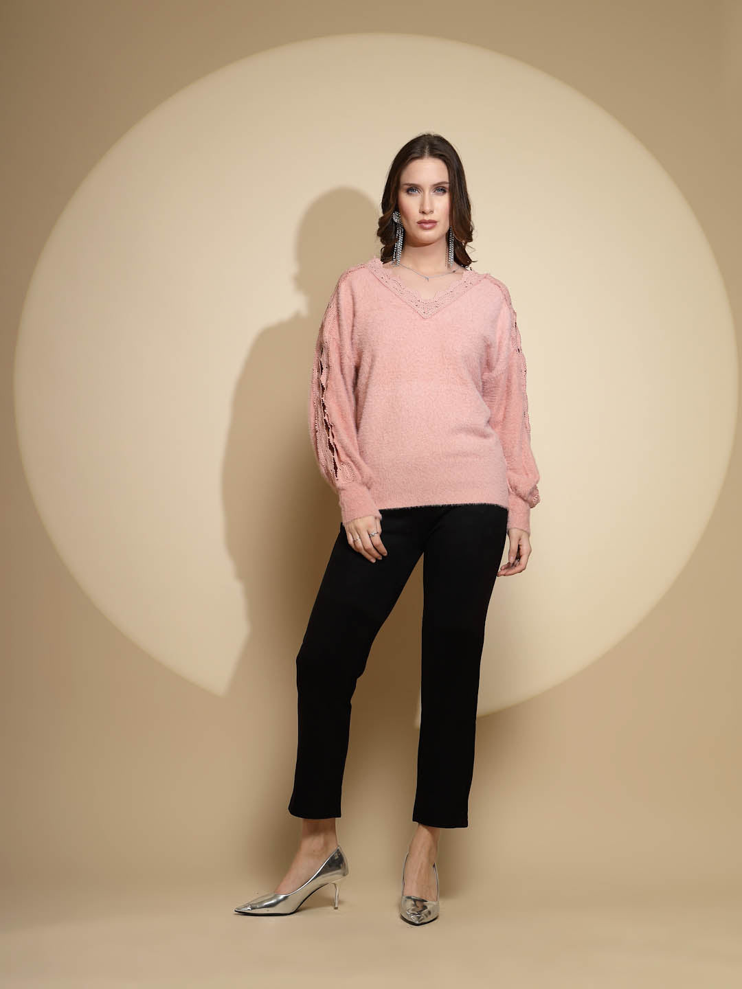 Pink Solid V-Neck Acrylic Pullover - Global Republic