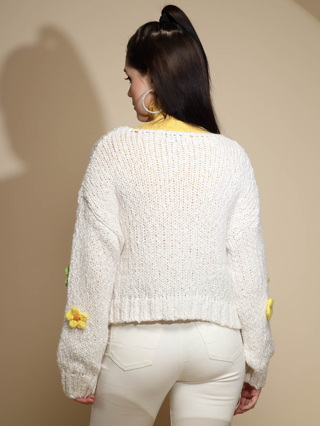 Off White Embellished Full Sleeve V-Neck Acrylic Pullover Sweater - Global Republic