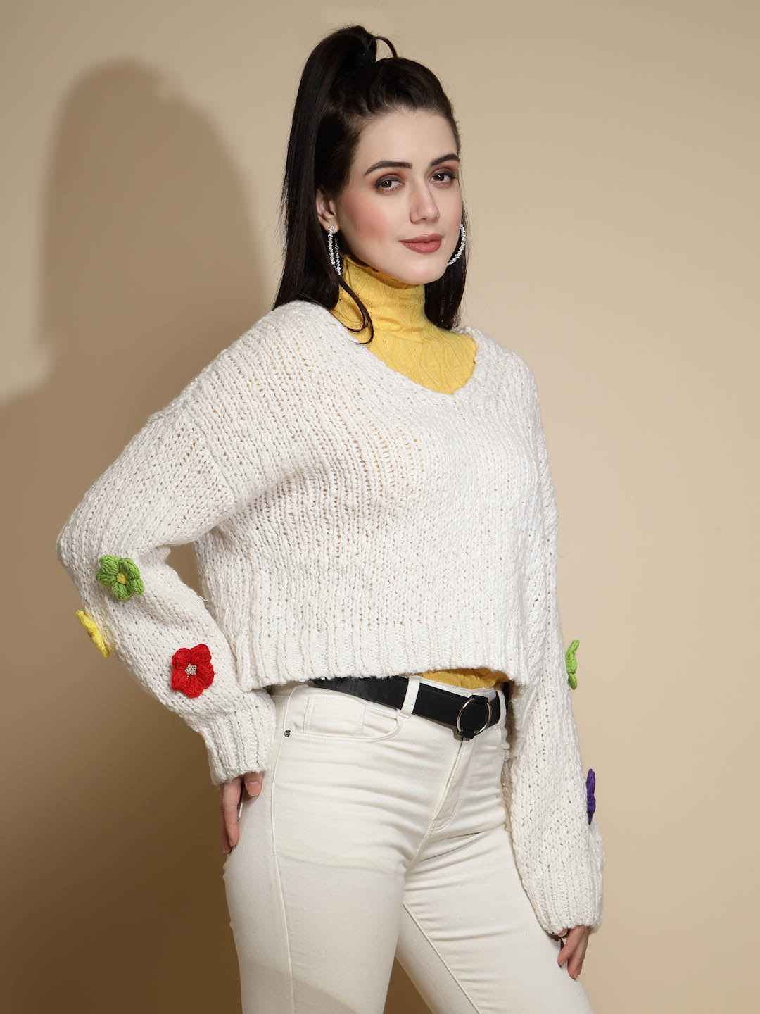 Off White Embellished Full Sleeve V-Neck Acrylic Pullover Sweater - Global Republic