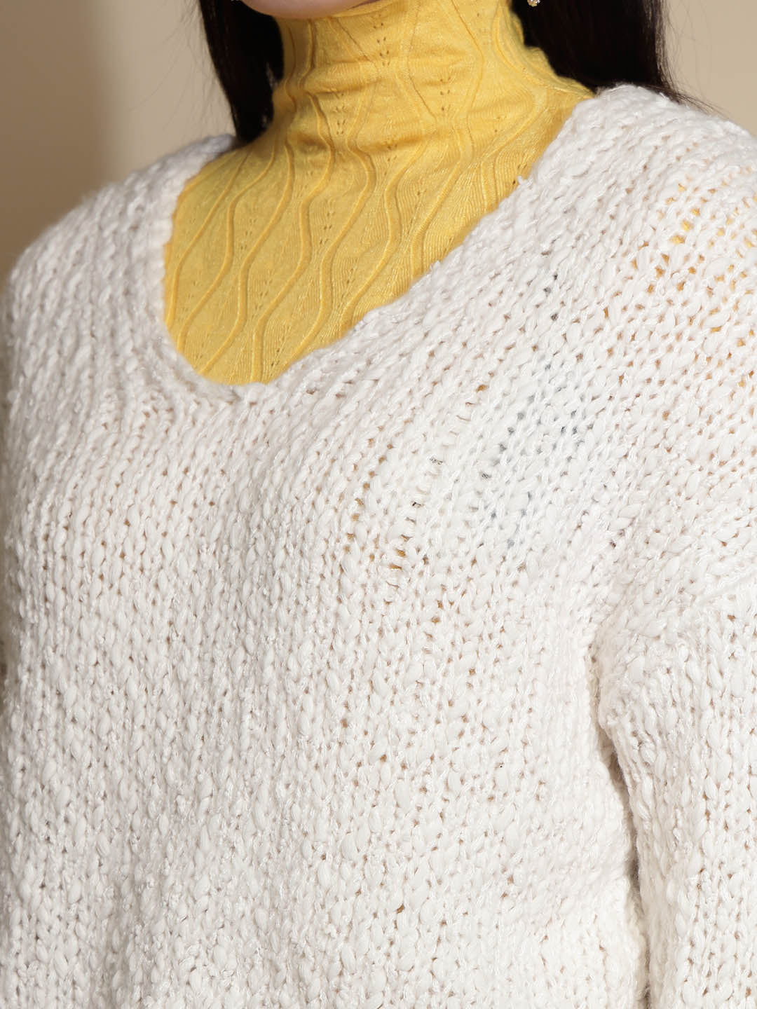 Off White Embellished Full Sleeve V-Neck Acrylic Pullover Sweater - Global Republic