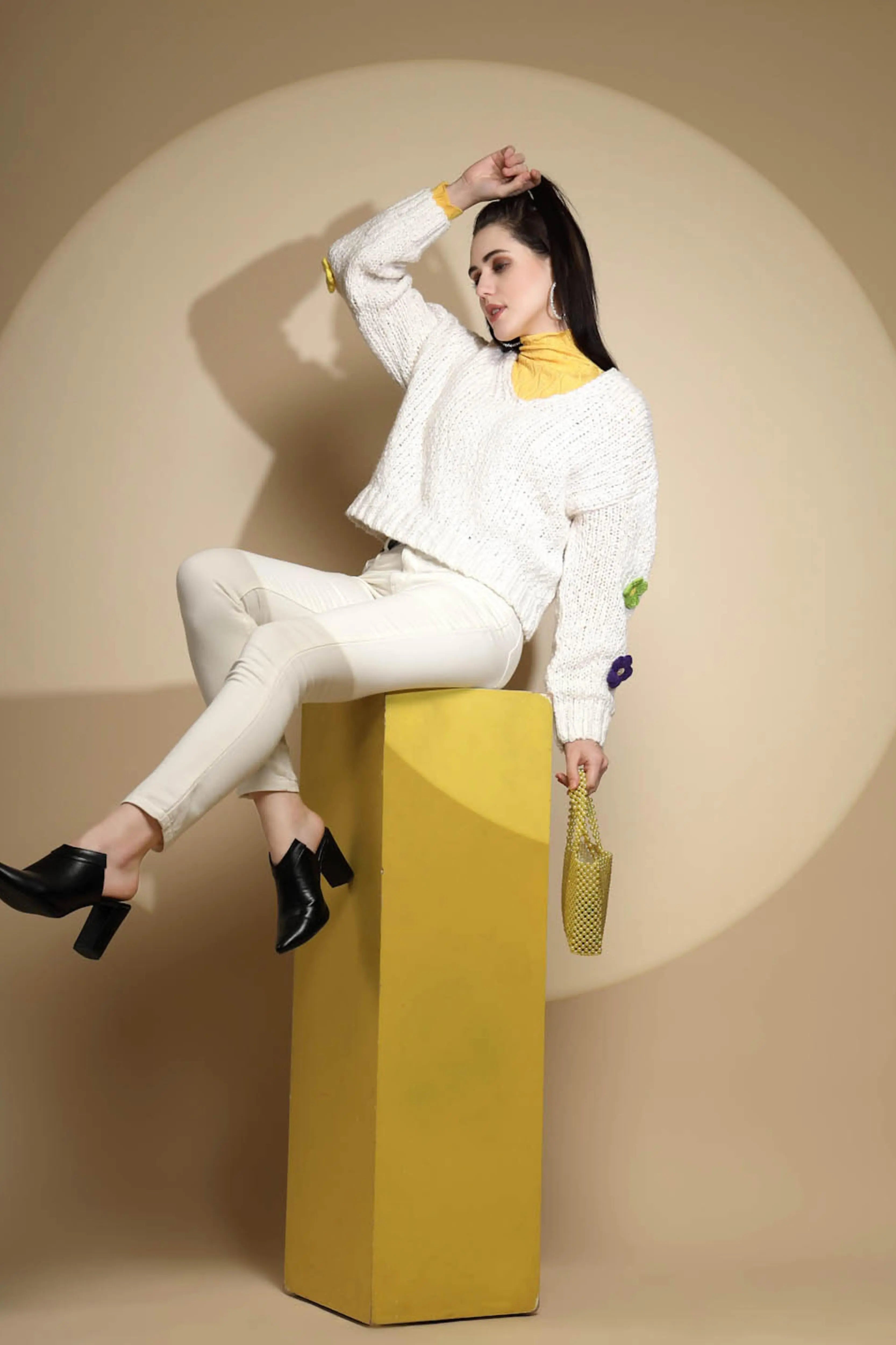 Off White Embellished Full Sleeve V-Neck Acrylic Pullover Sweater - Global Republic