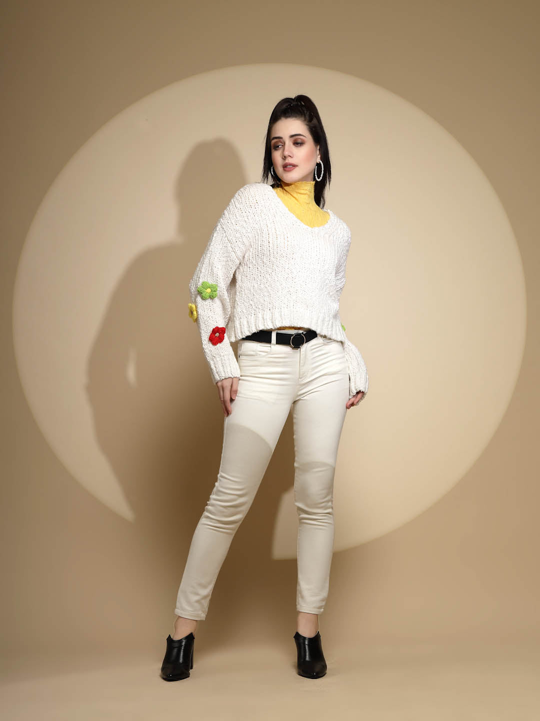 Off White Embellished Full Sleeve V-Neck Acrylic Pullover Sweater - Global Republic