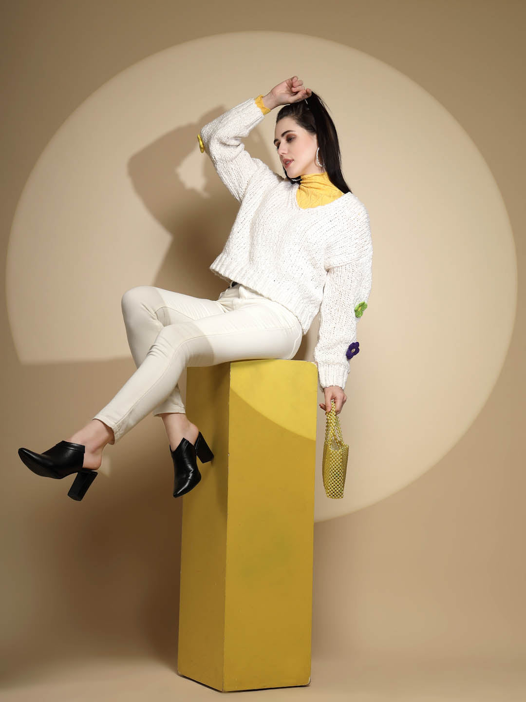 Off White Embellished Full Sleeve V-Neck Acrylic Pullover Sweater - Global Republic