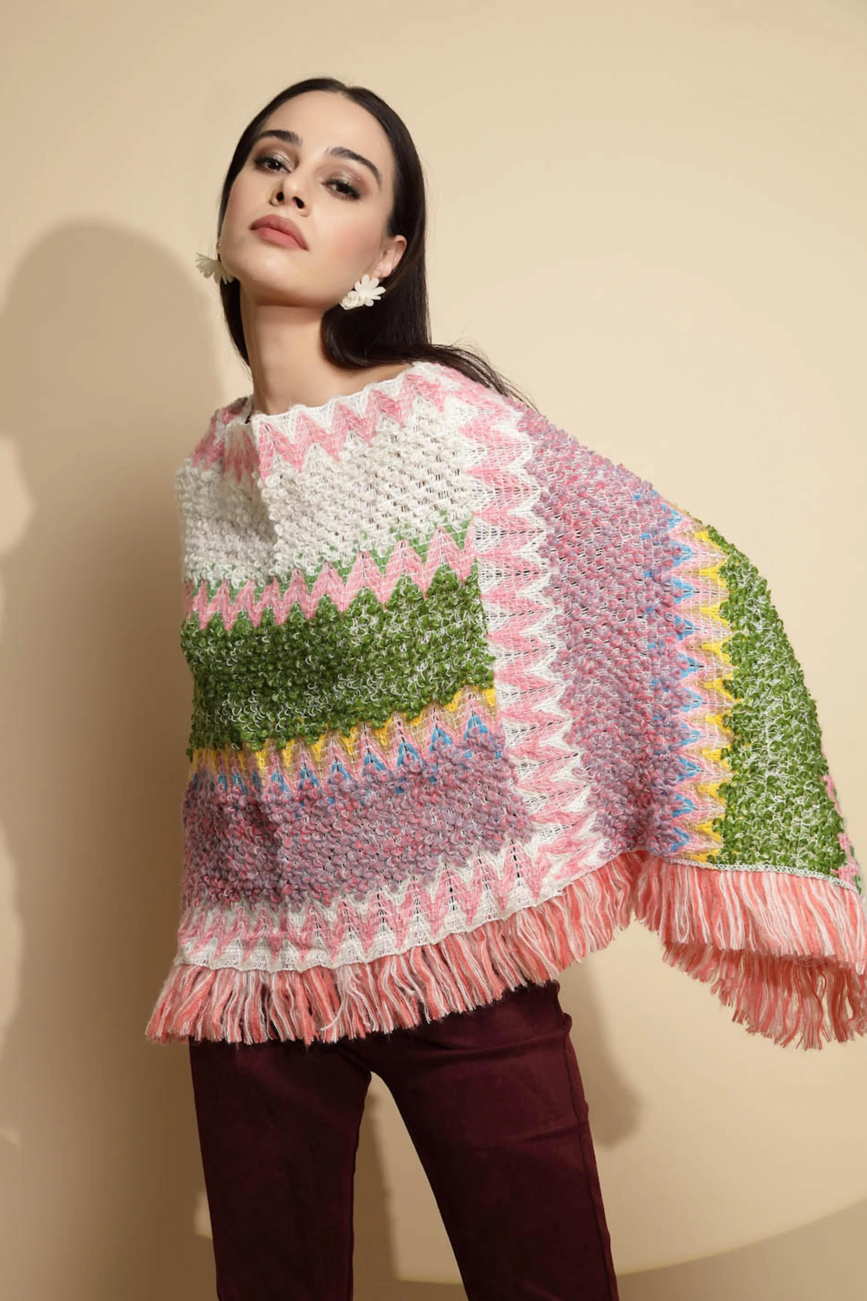 Multicolor Abstract Print Full Sleeve Boat Neck Acrylic Poncho - Global Republic