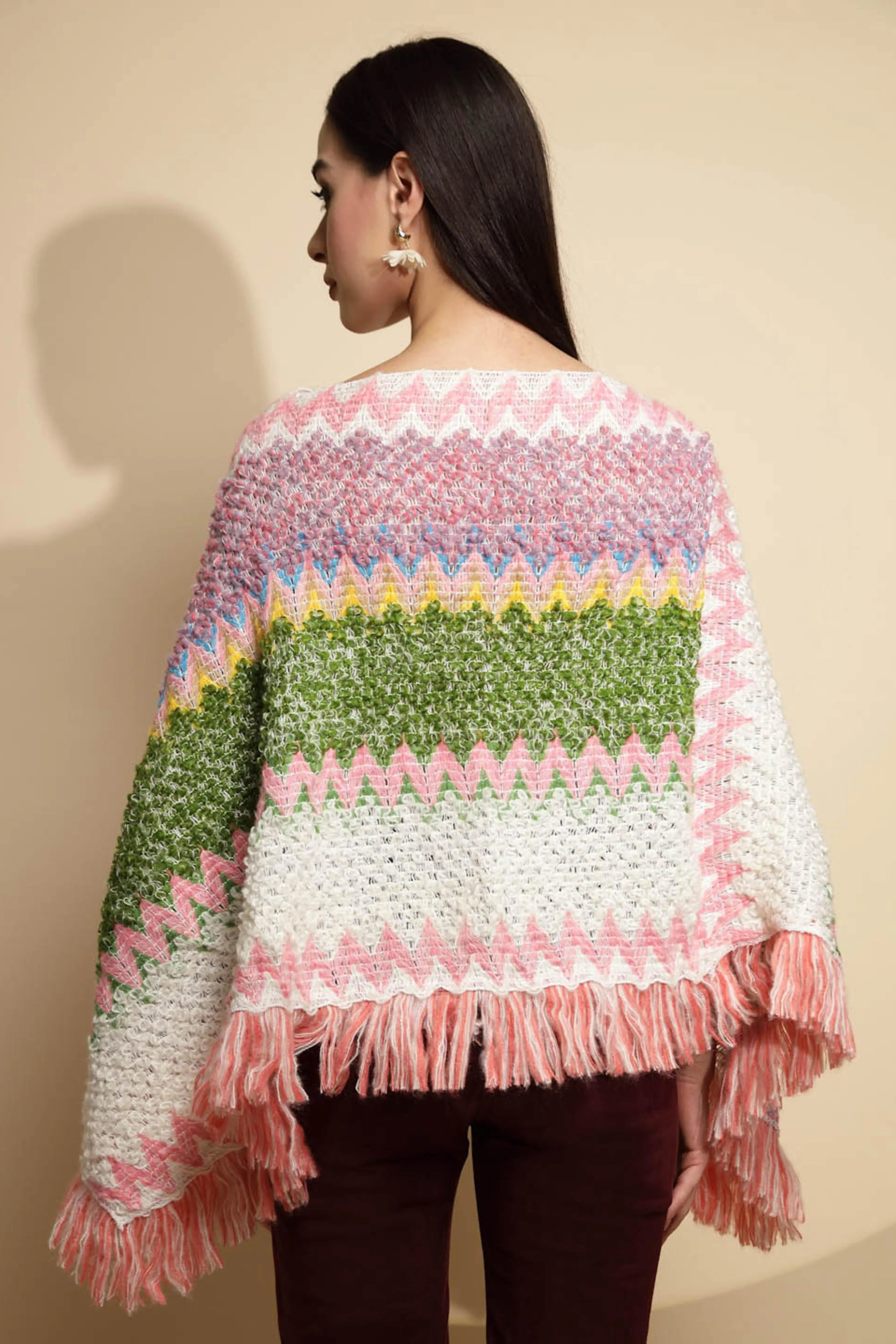 Multicolor Abstract Print Full Sleeve Boat Neck Acrylic Poncho - Global Republic