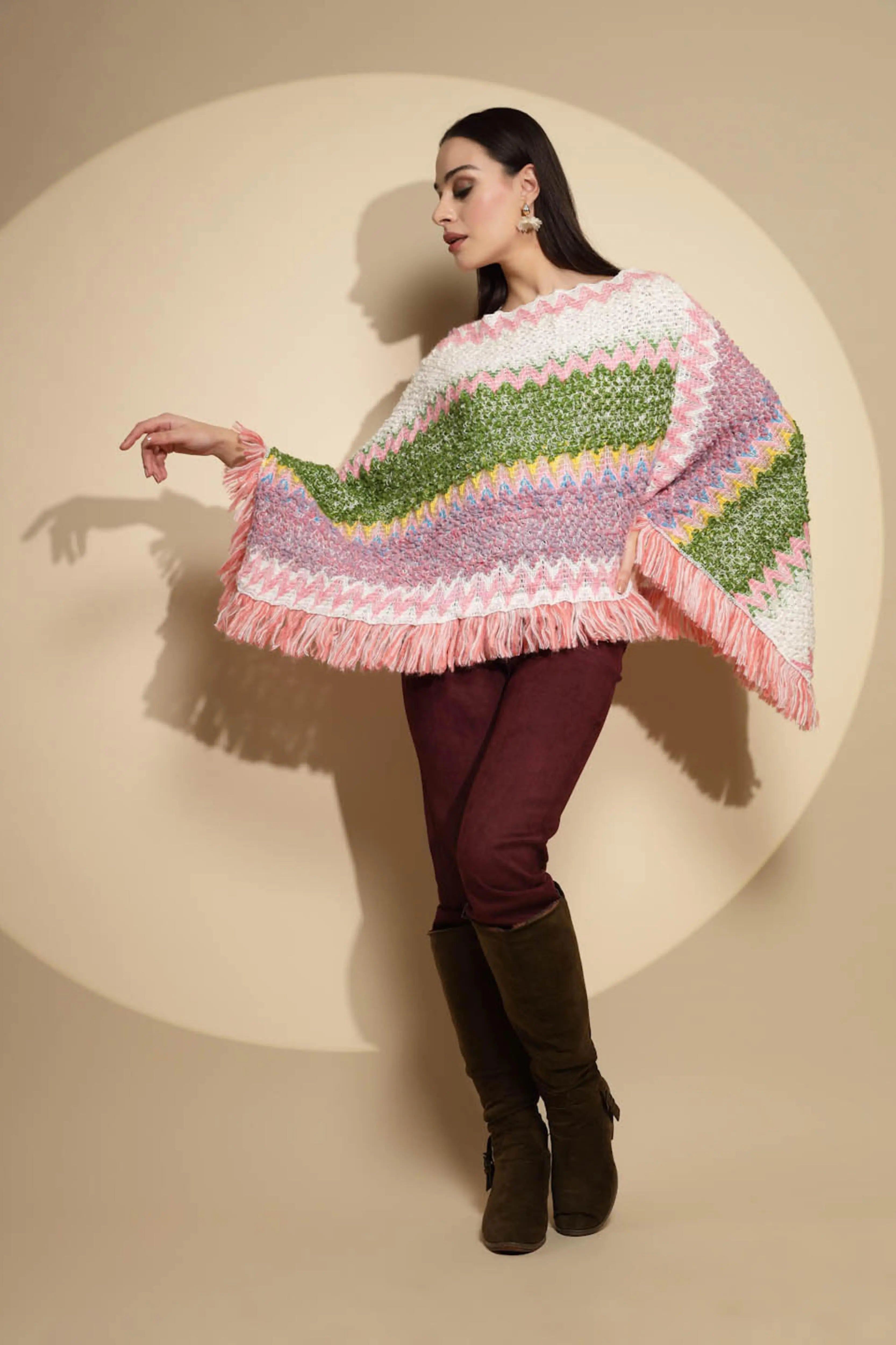 Multicolor Abstract Print Full Sleeve Boat Neck Acrylic Poncho - Global Republic