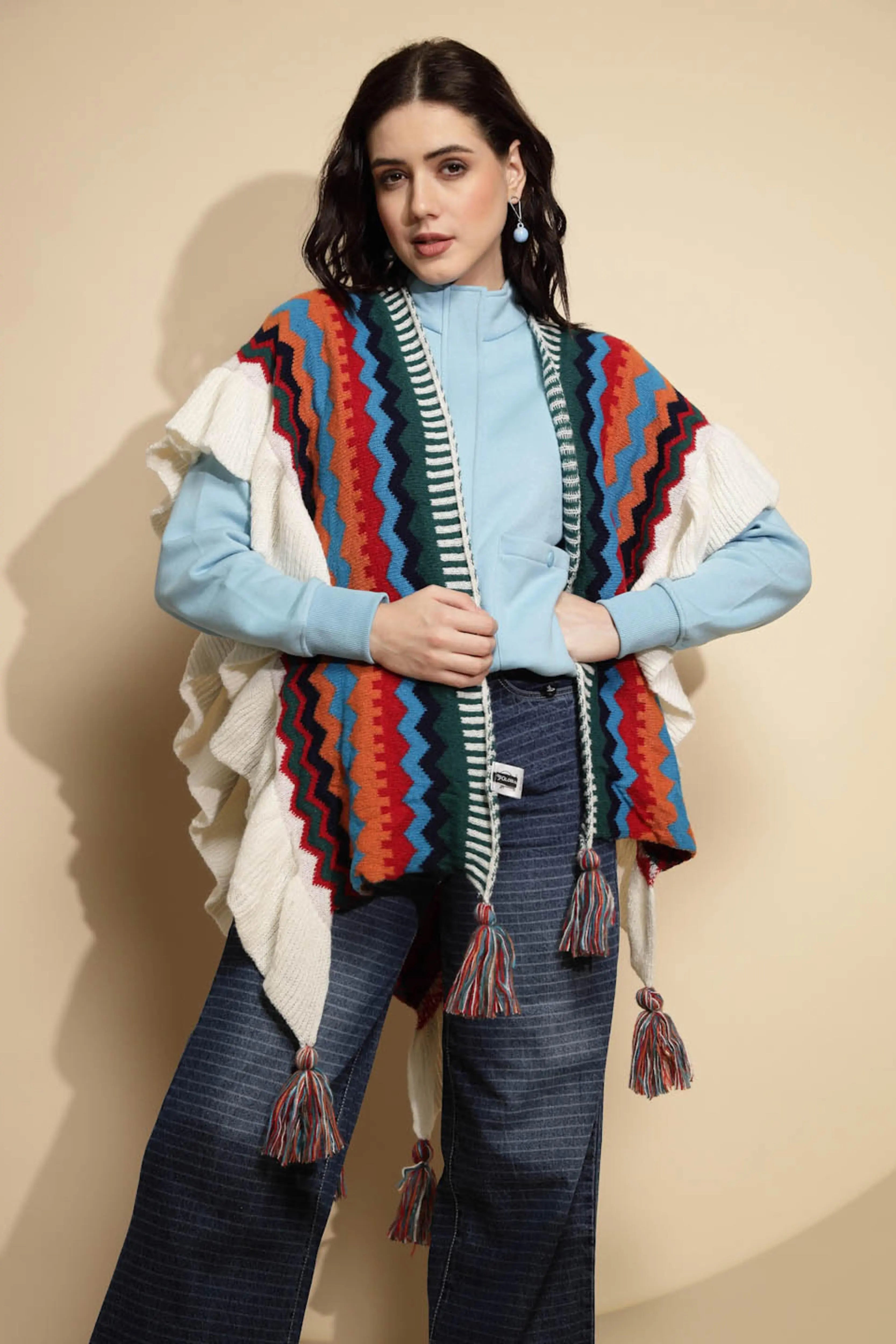 Multicolor Abstract Print Half Sleeve Open Neck Acrylic Cape - Global Republic