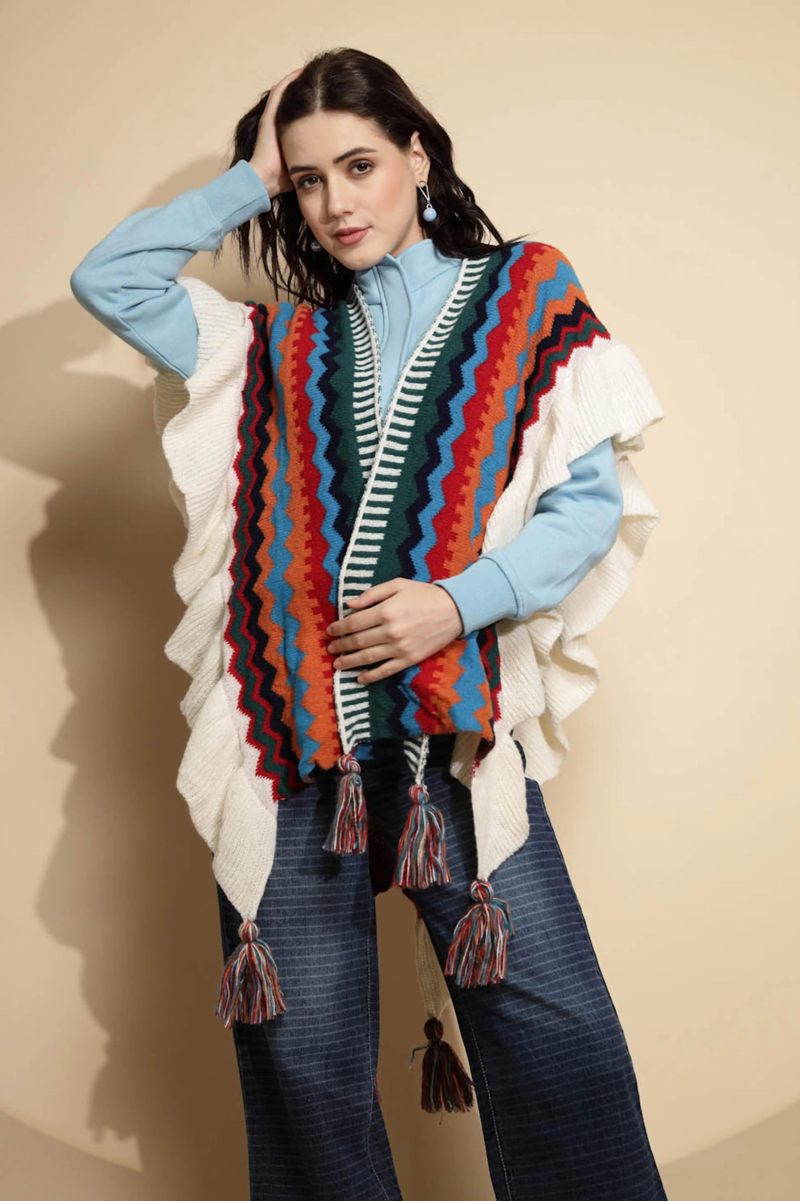 Multicolor Abstract Print Half Sleeve Open Neck Acrylic Cape - Global Republic