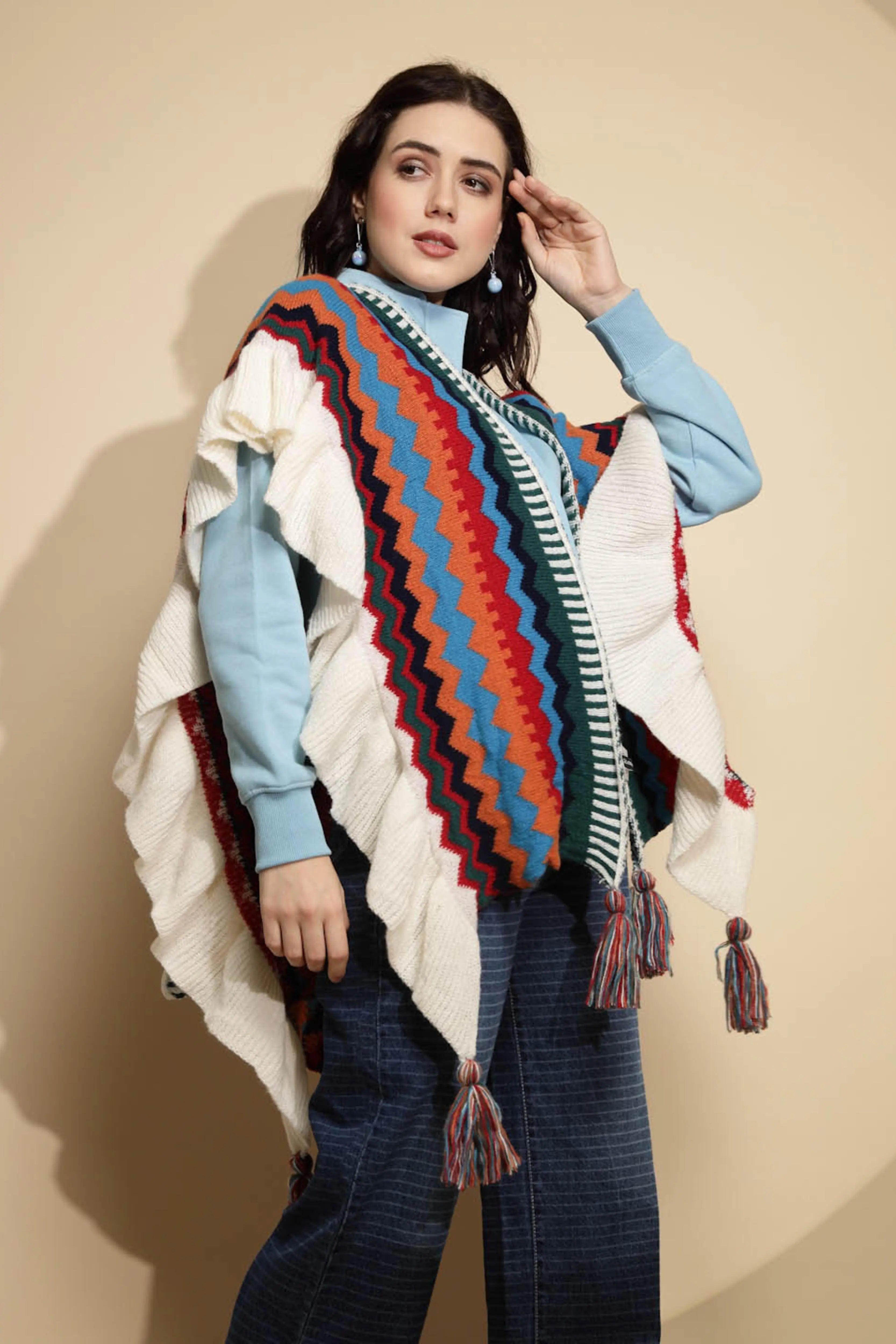 Multicolor Abstract Print Half Sleeve Open Neck Acrylic Cape - Global Republic
