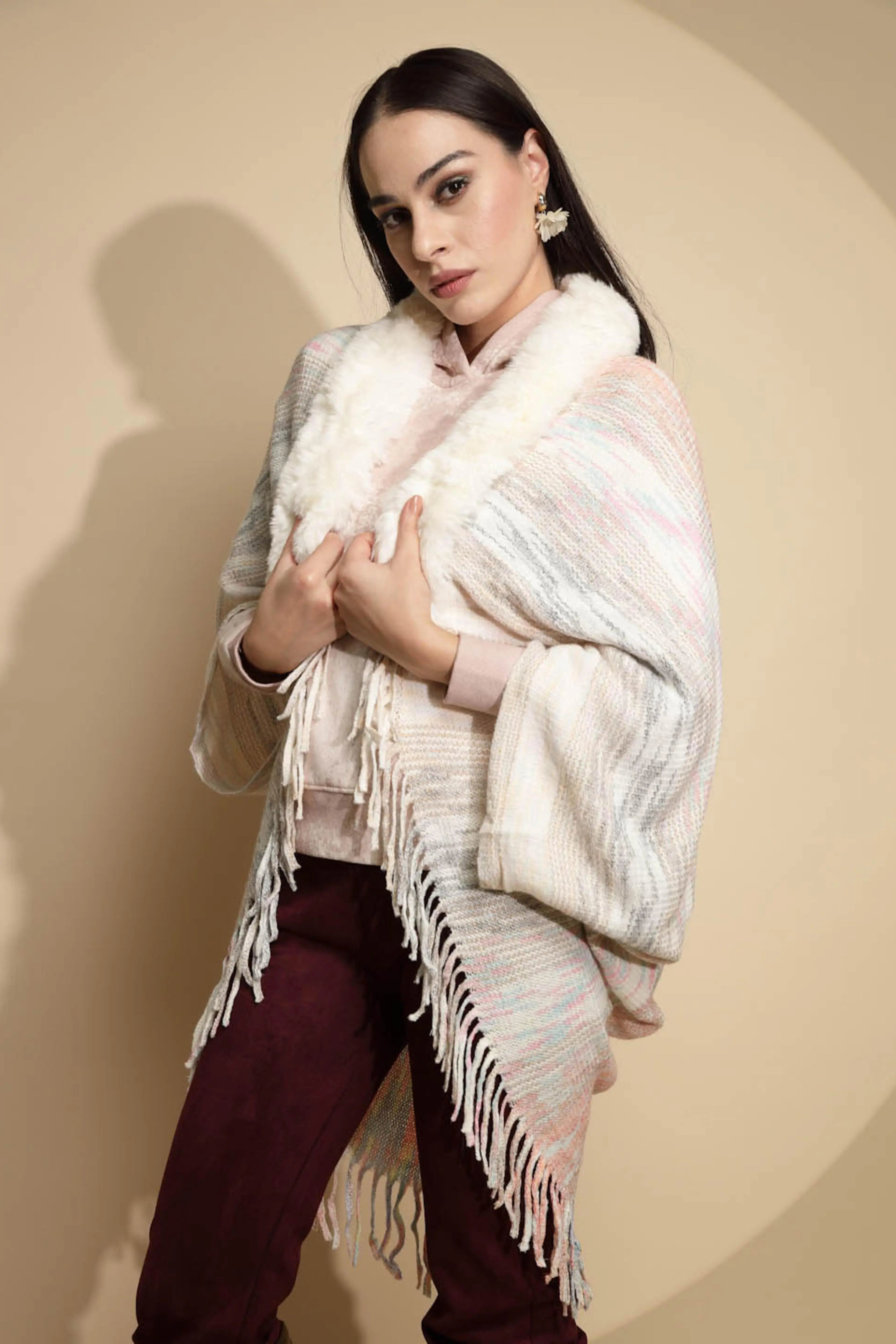 Off White Abstract Print Acrylic Cape - Global Republic