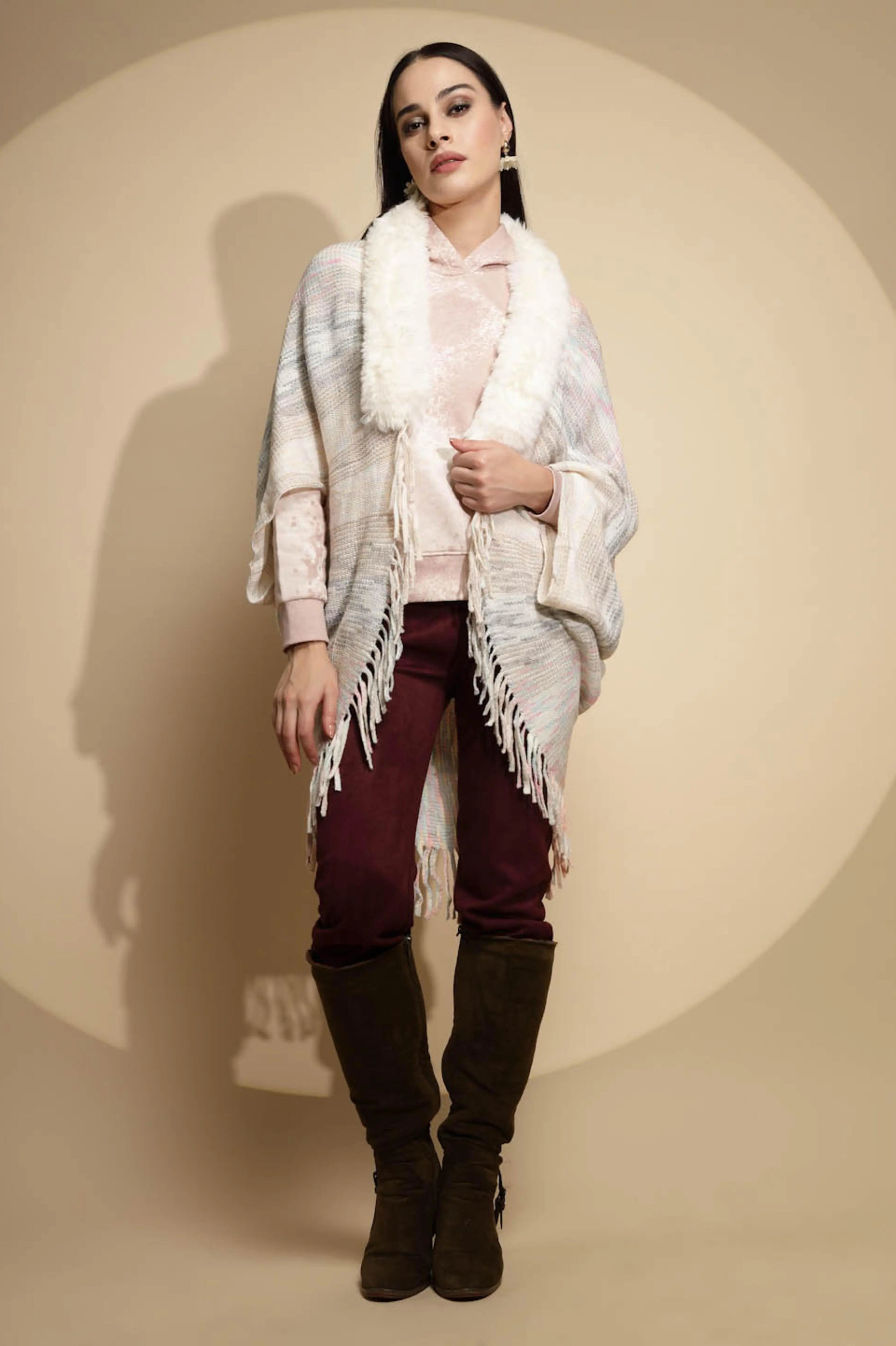 Off White Abstract Print Acrylic Cape - Global Republic