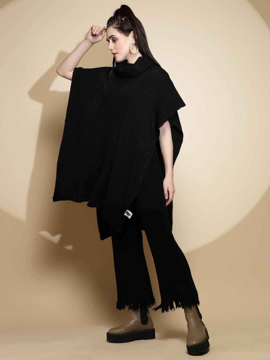 Black Solid Acrylic Poncho - Global Republic