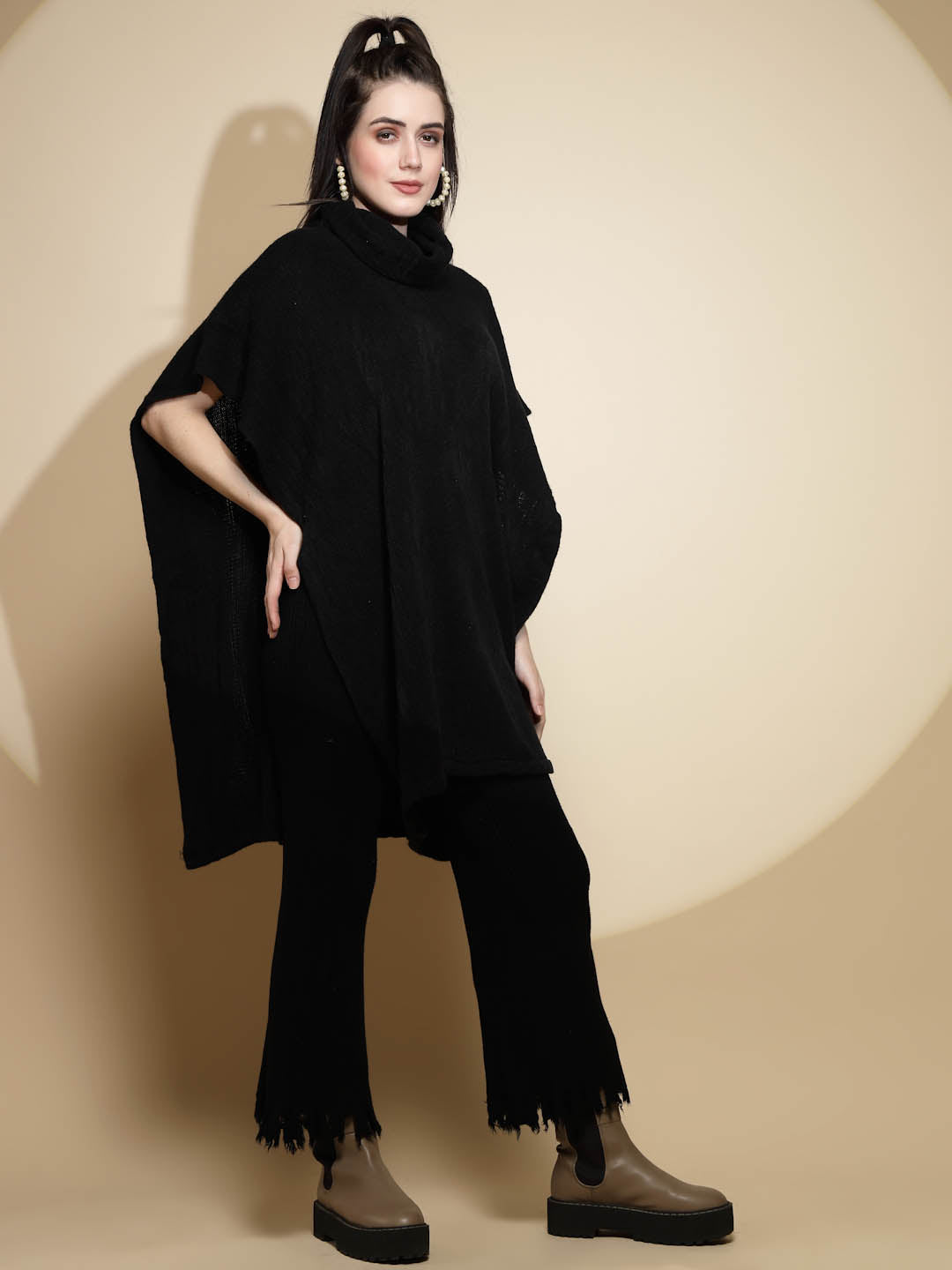 Black Solid Acrylic Poncho - Global Republic