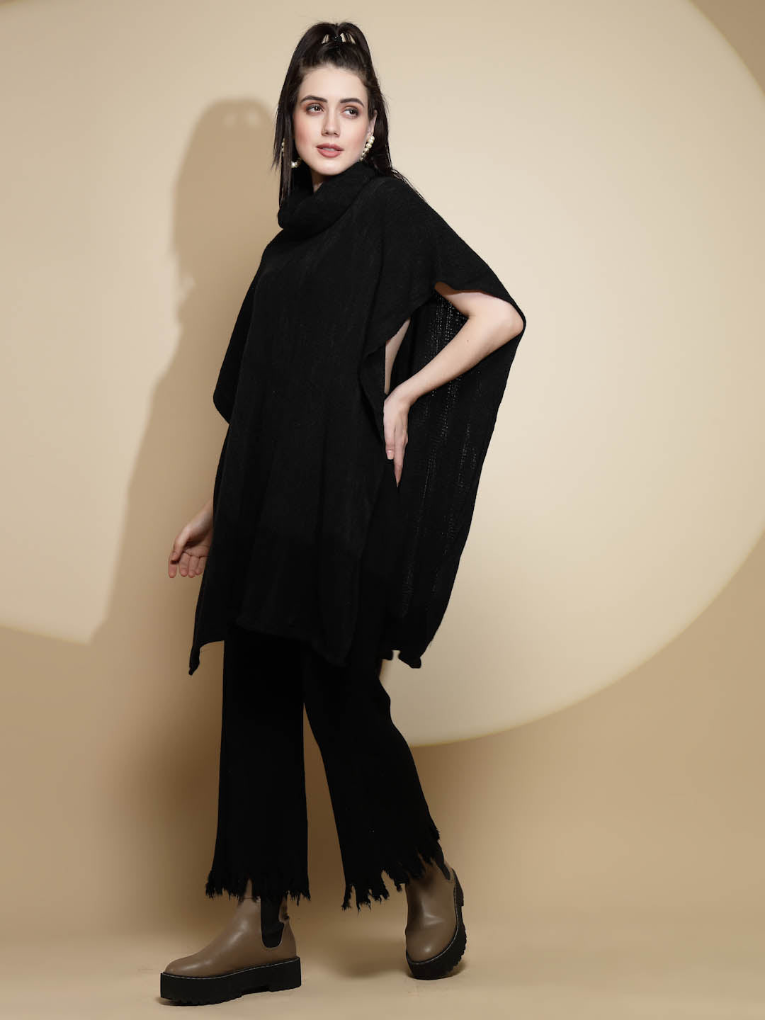 Black Solid Acrylic Poncho - Global Republic