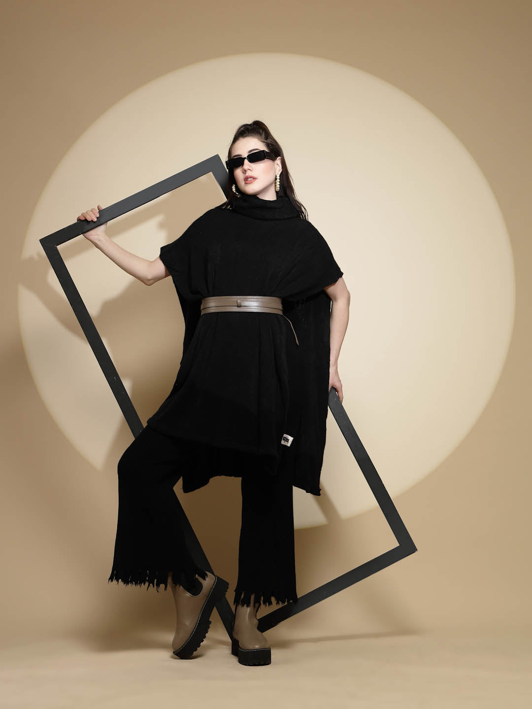 Black Solid Acrylic Poncho - Global Republic