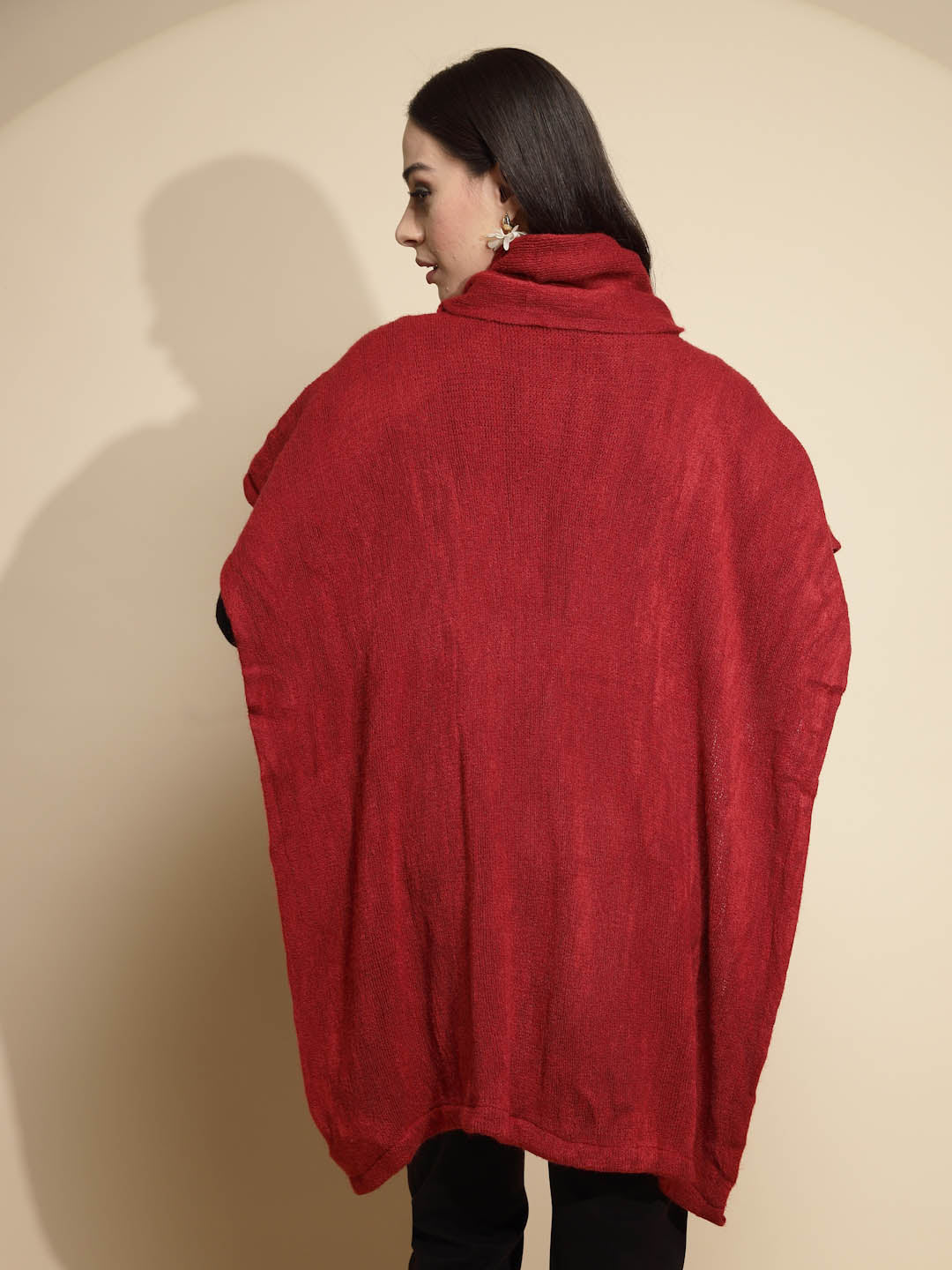 Wine Solid Half Sleeve Turtle Neck Acrylic Poncho - Global Republic
