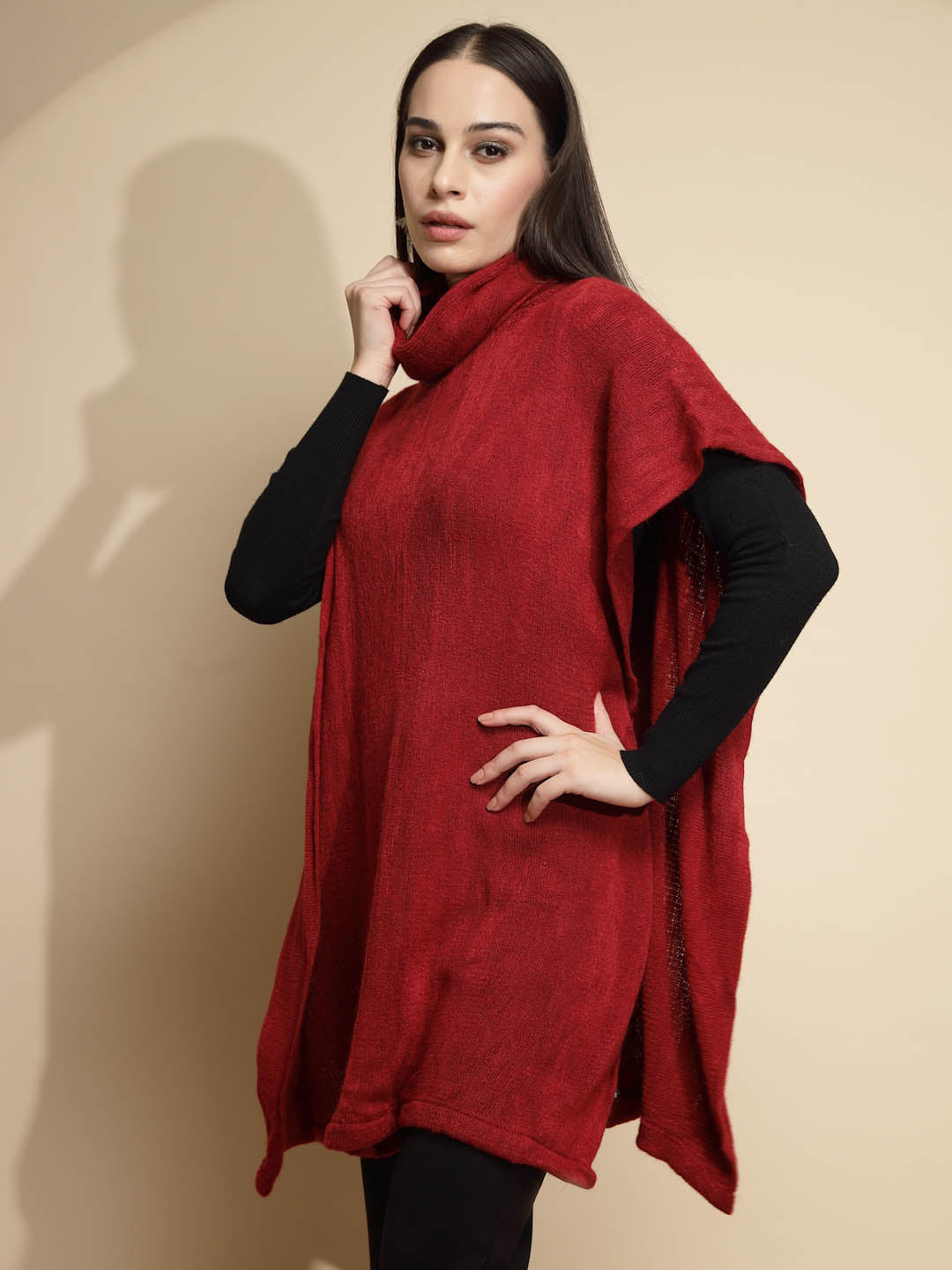 Wine Solid Half Sleeve Turtle Neck Acrylic Poncho - Global Republic