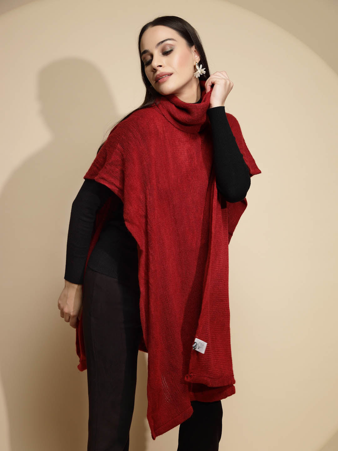 Wine Solid Half Sleeve Turtle Neck Acrylic Poncho - Global Republic