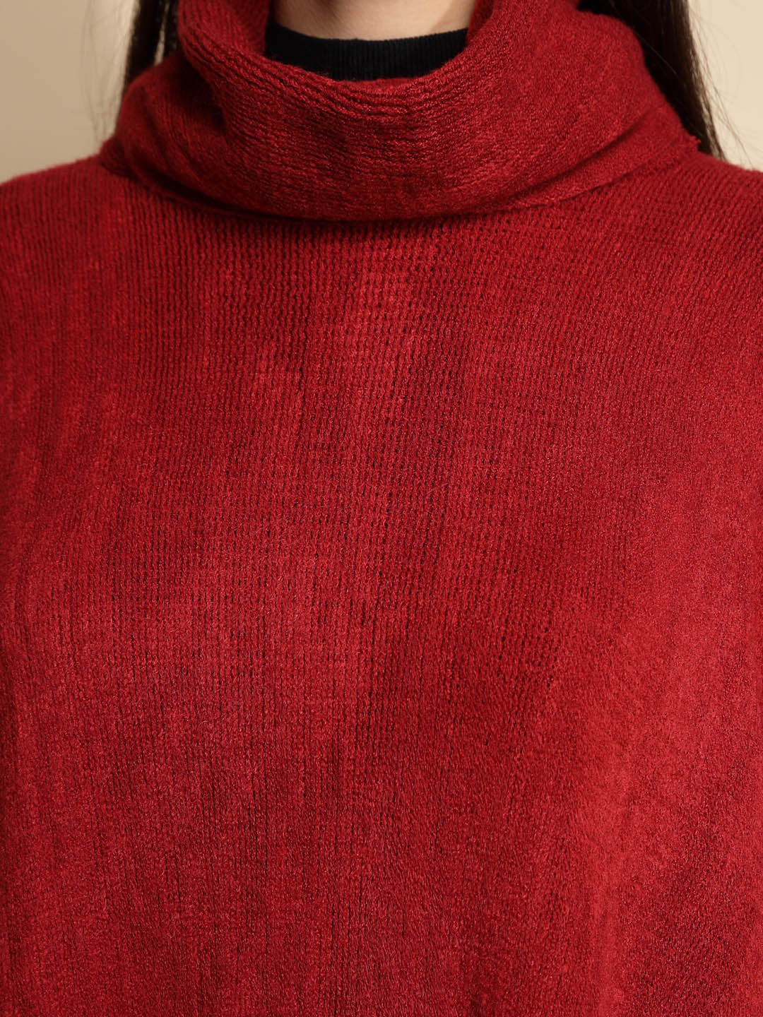 Wine Solid Half Sleeve Turtle Neck Acrylic Poncho - Global Republic