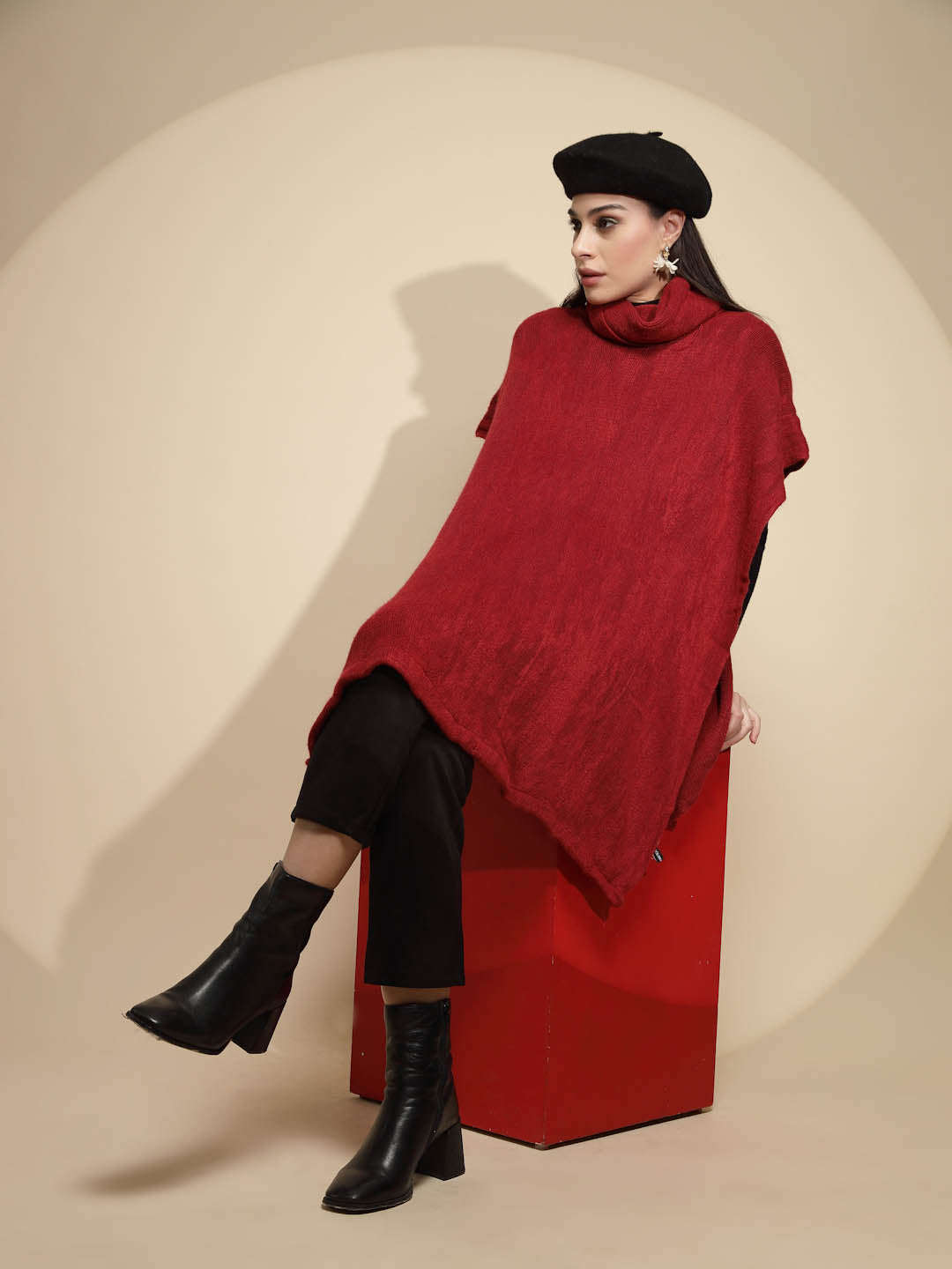 Wine Solid Half Sleeve Turtle Neck Acrylic Poncho - Global Republic