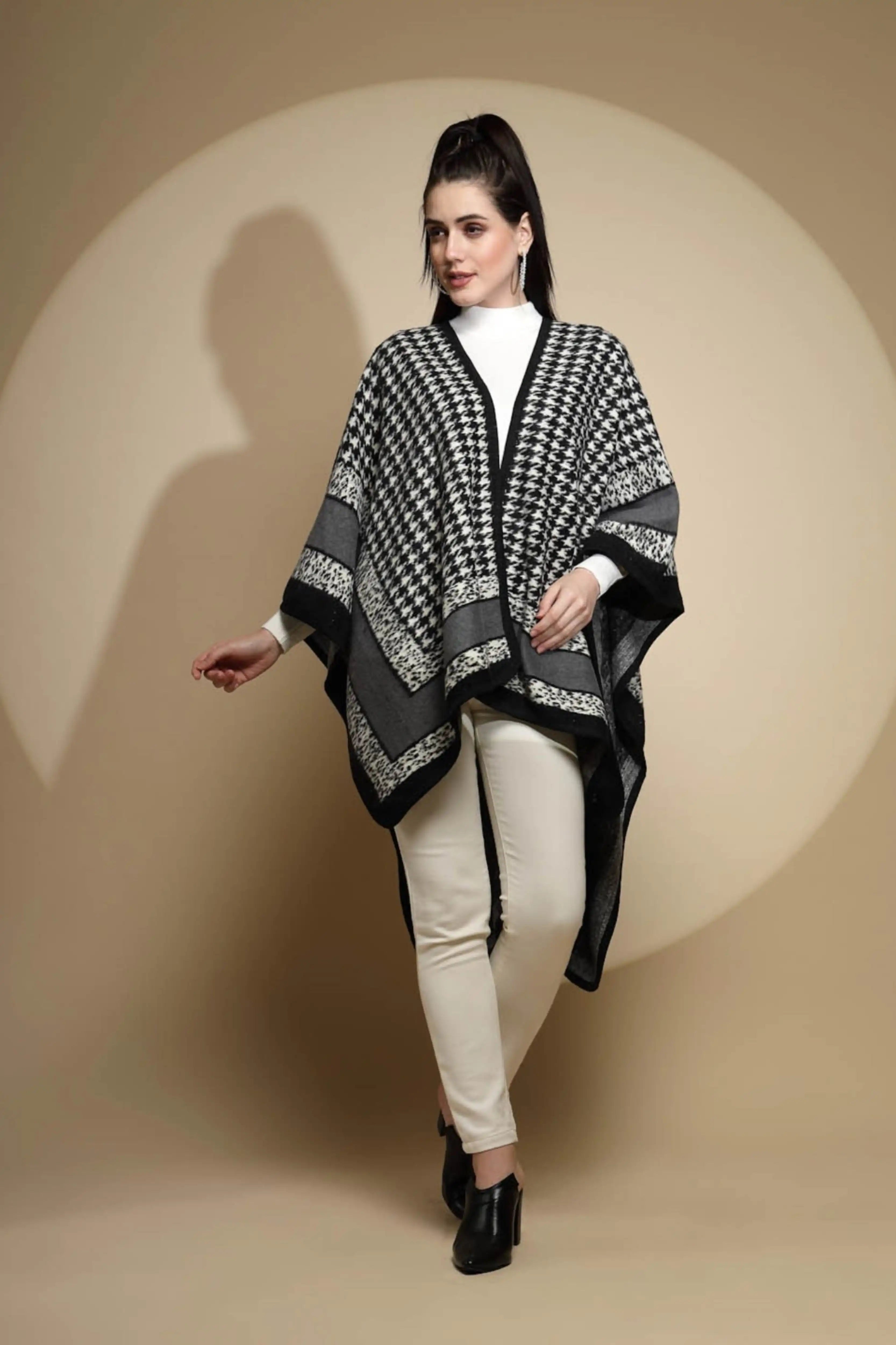 Black Check Print Acrylic Cape