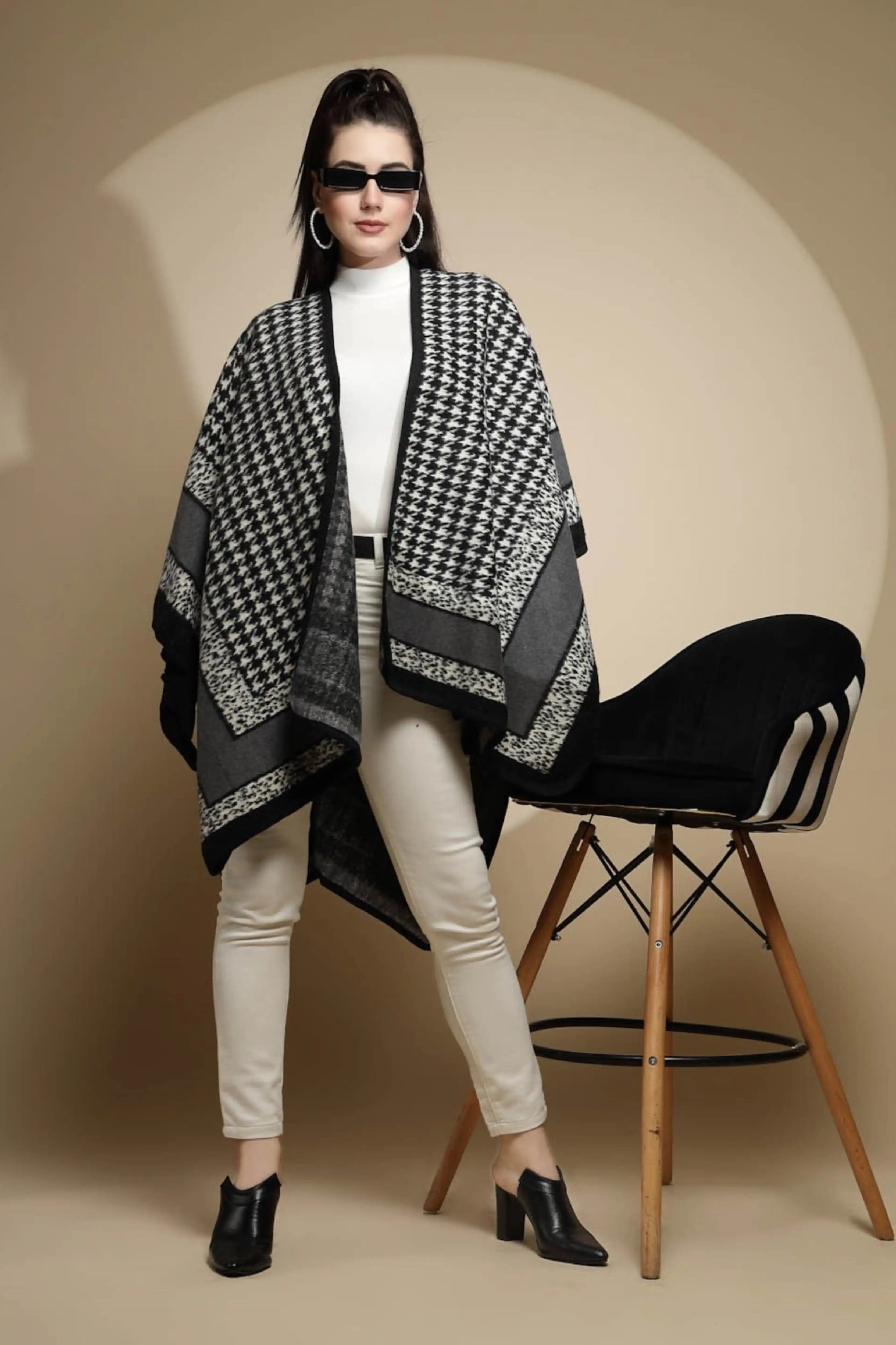 Black Check Print Acrylic Cape