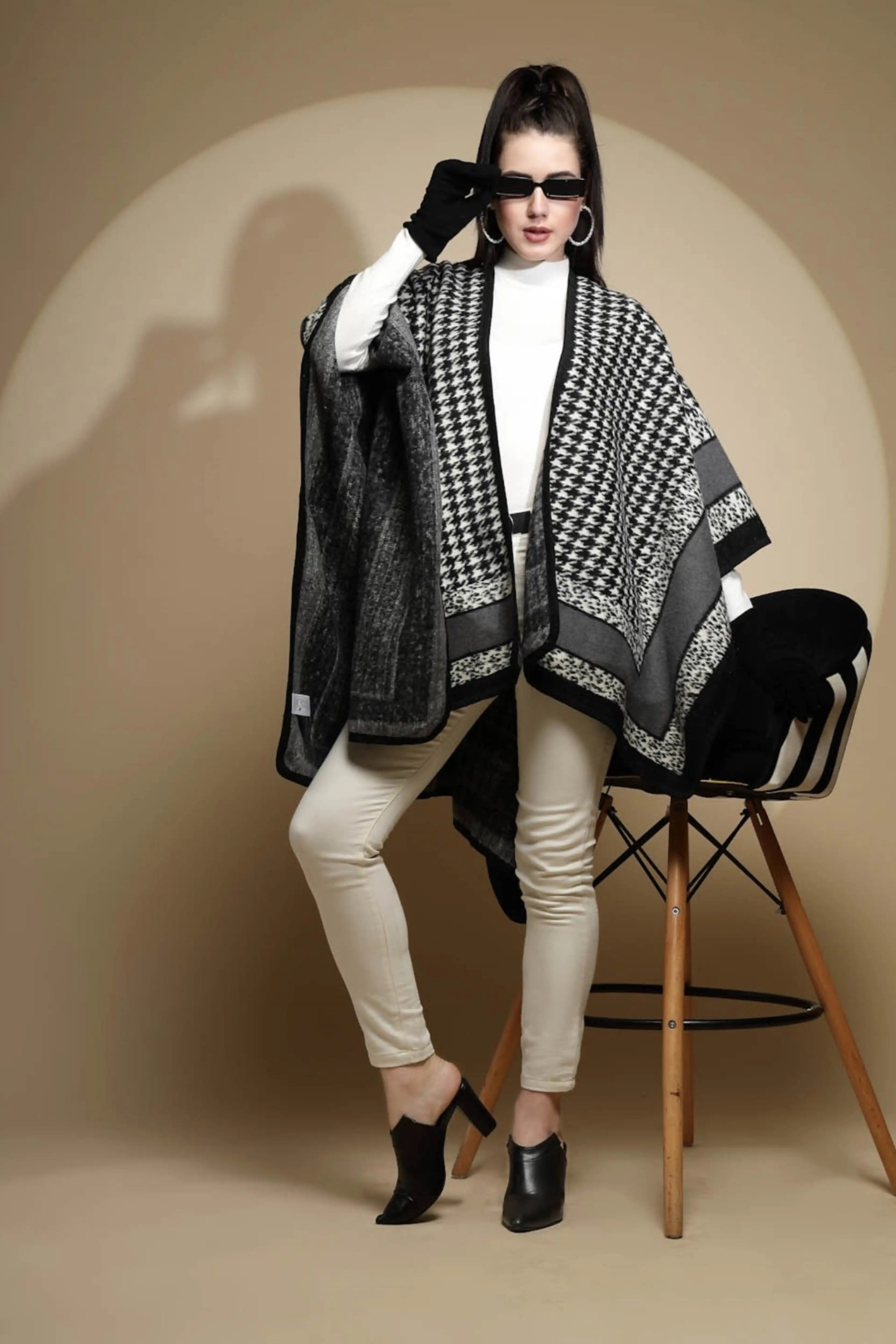 Black Check Print Acrylic Cape