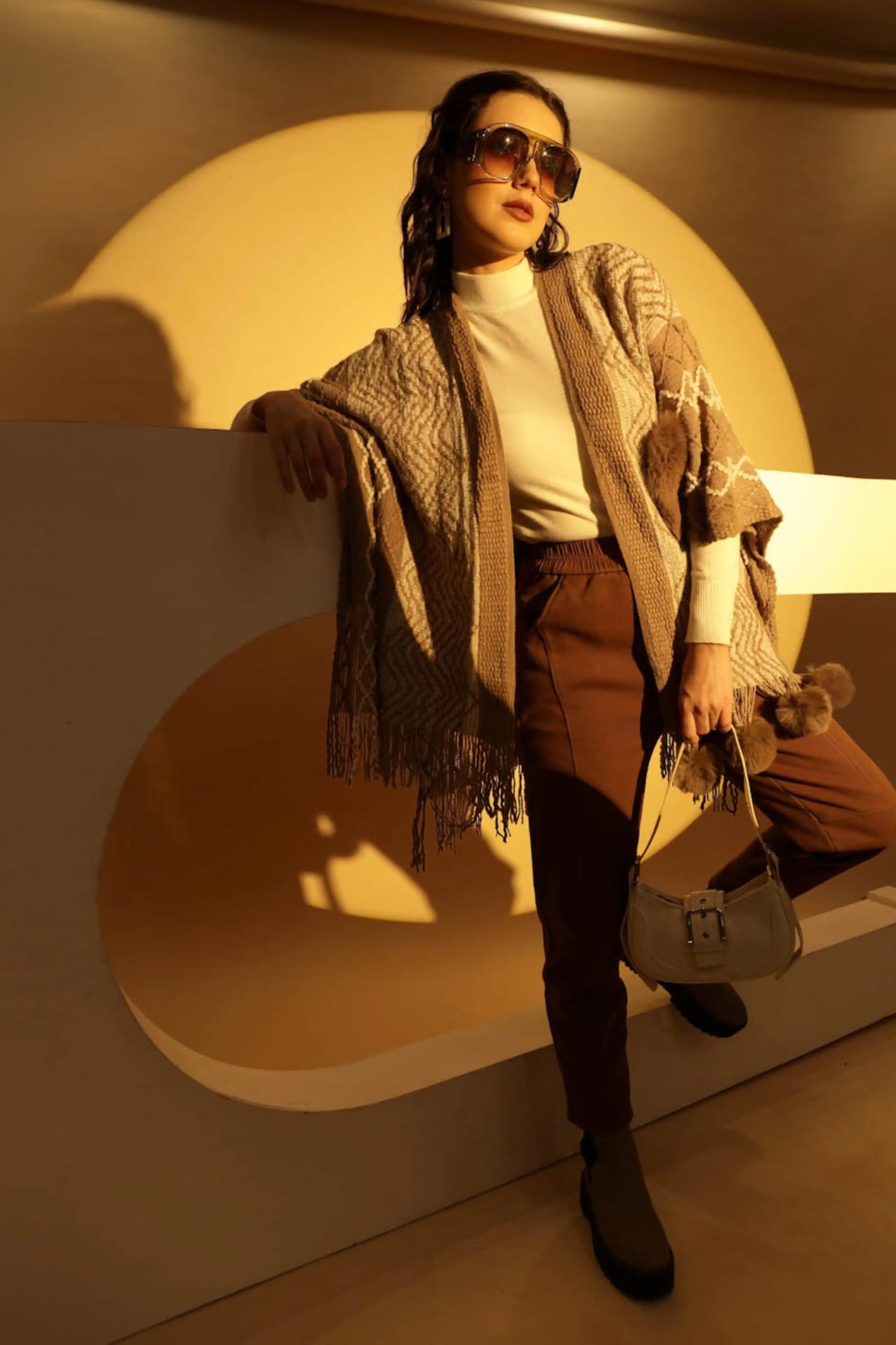 Checkered Acrylic Fur Balls Cape