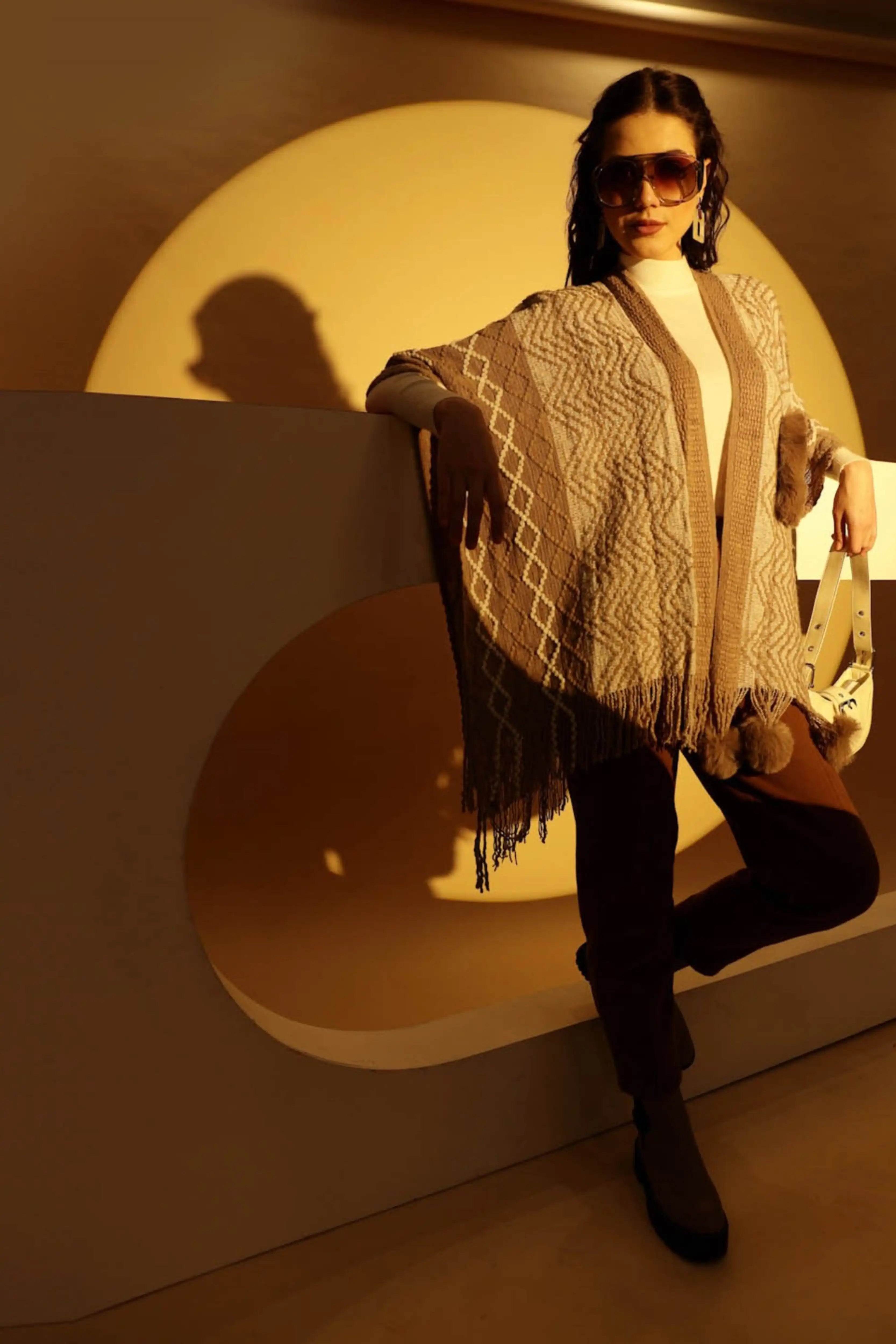 Checkered Acrylic Fur Balls Cape