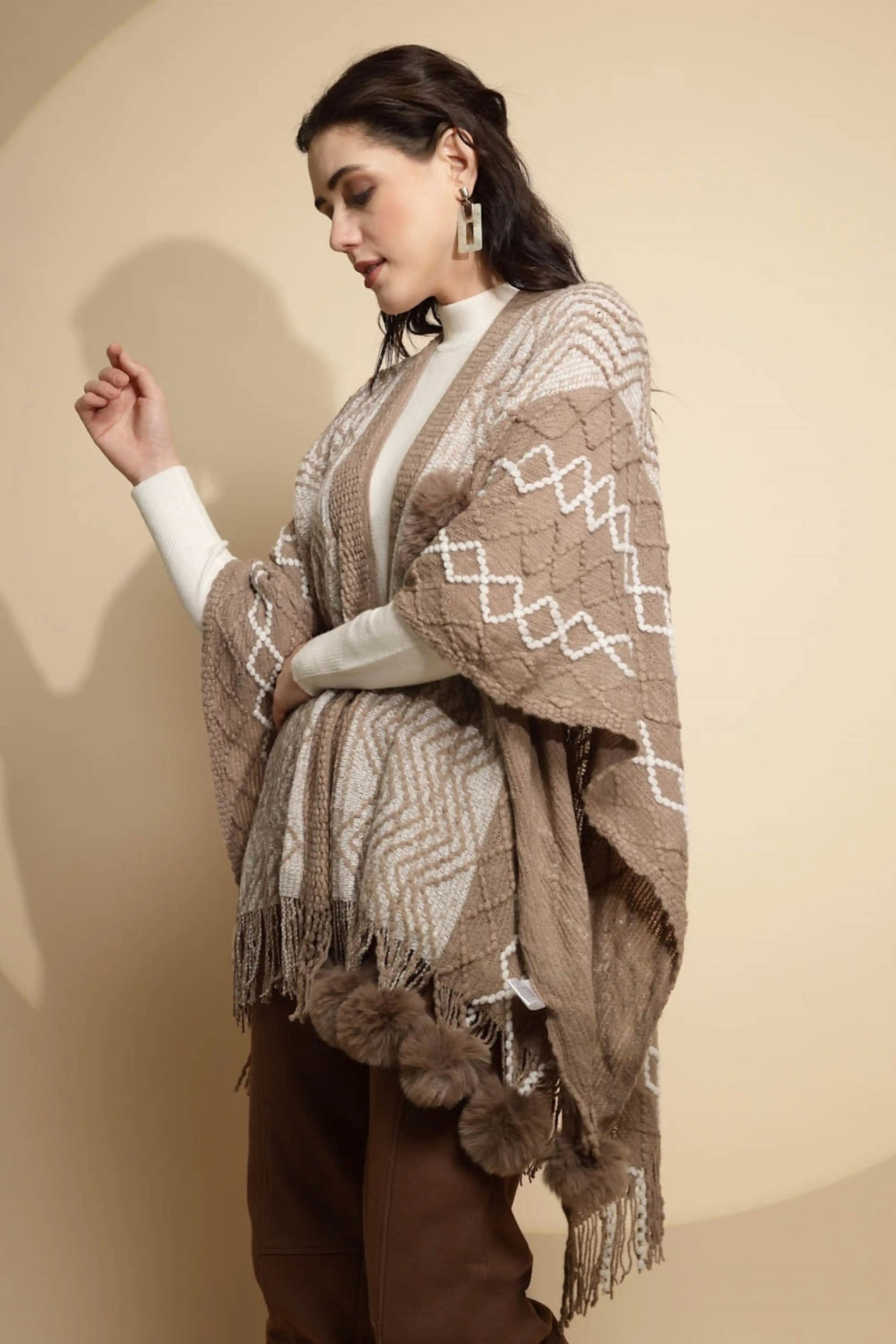 Checkered Acrylic Fur Balls Cape