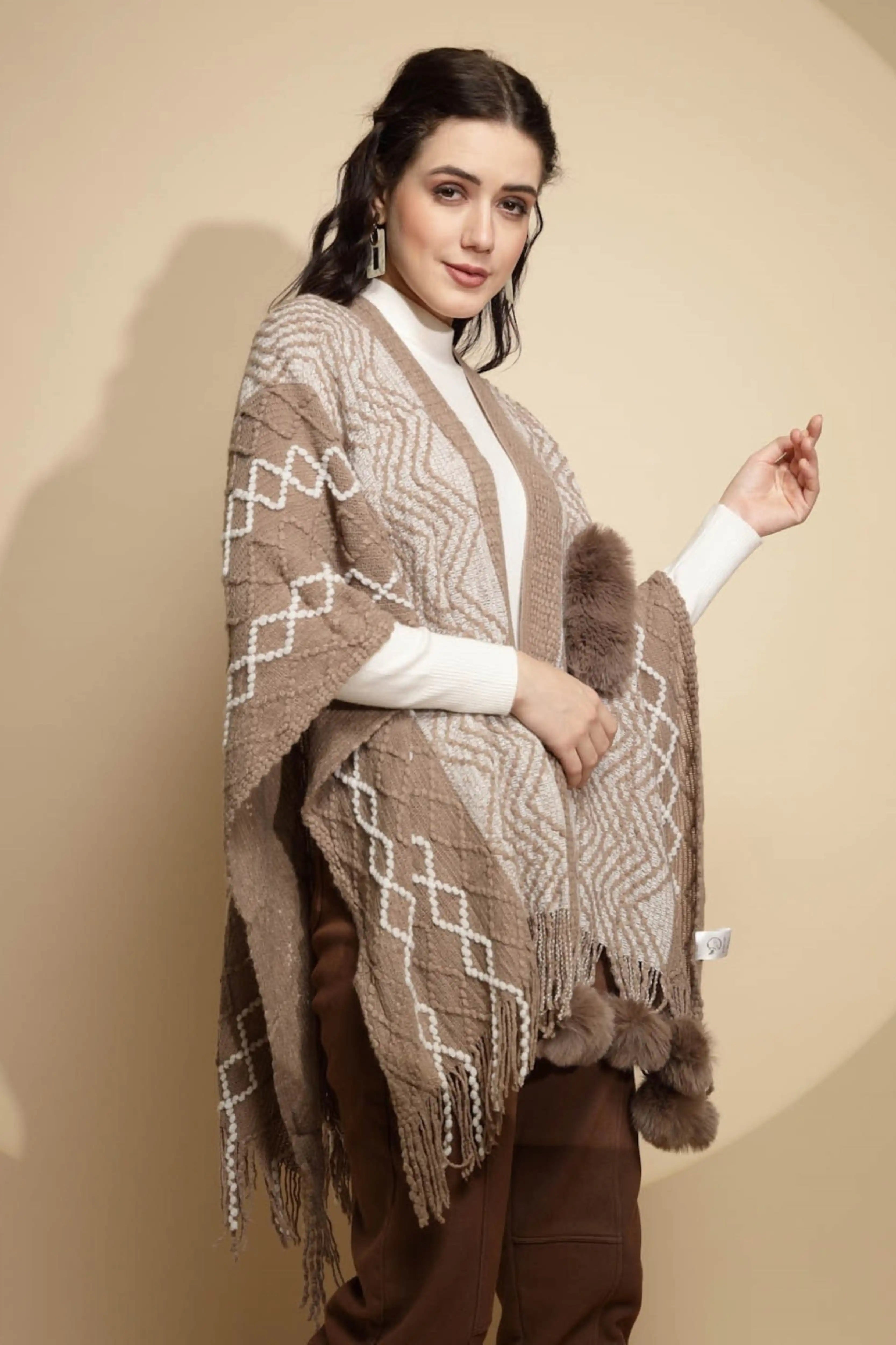 Checkered Acrylic Fur Balls Cape