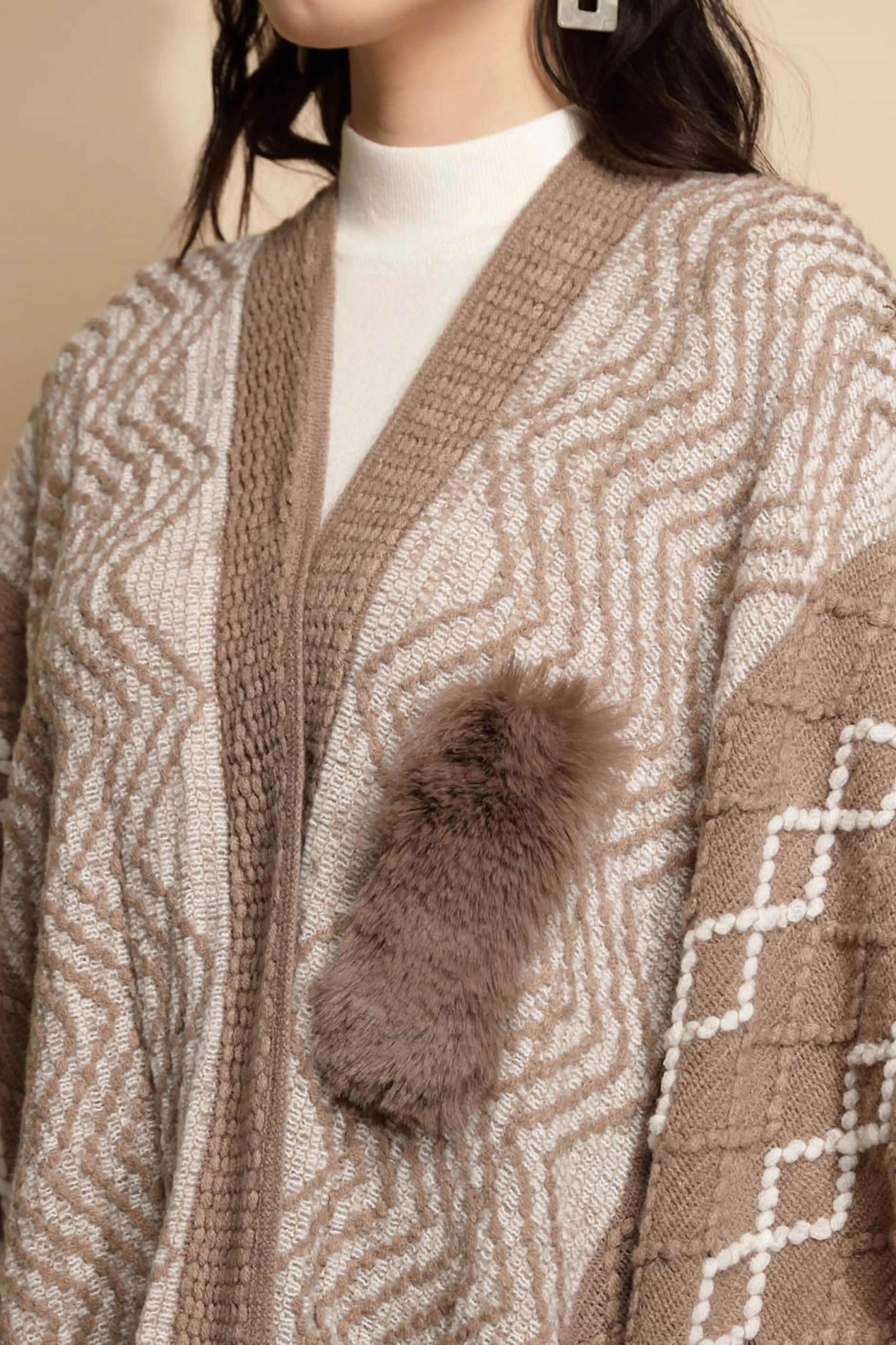 Checkered Acrylic Fur Balls Cape