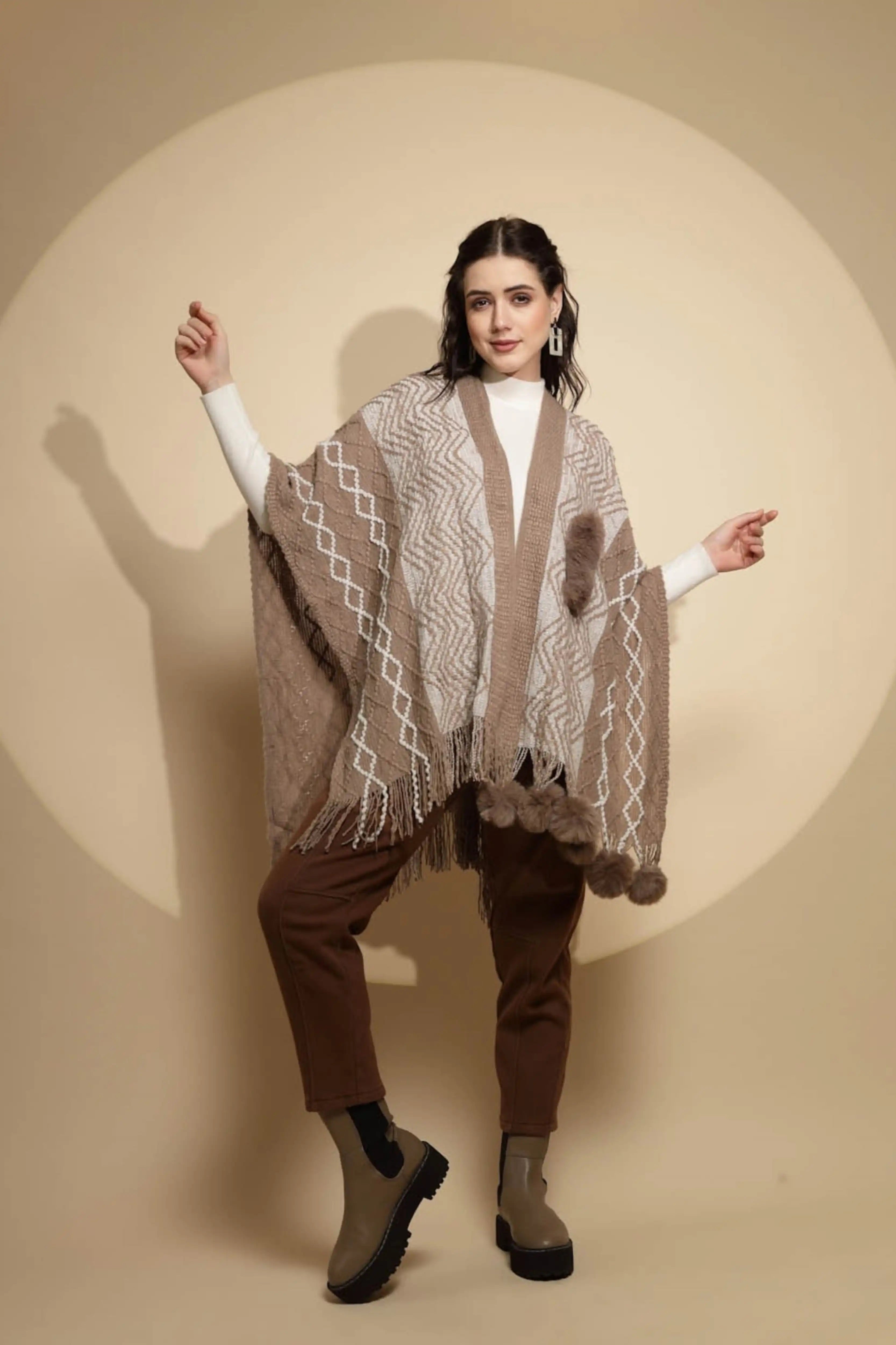 Checkered Acrylic Fur Balls Cape