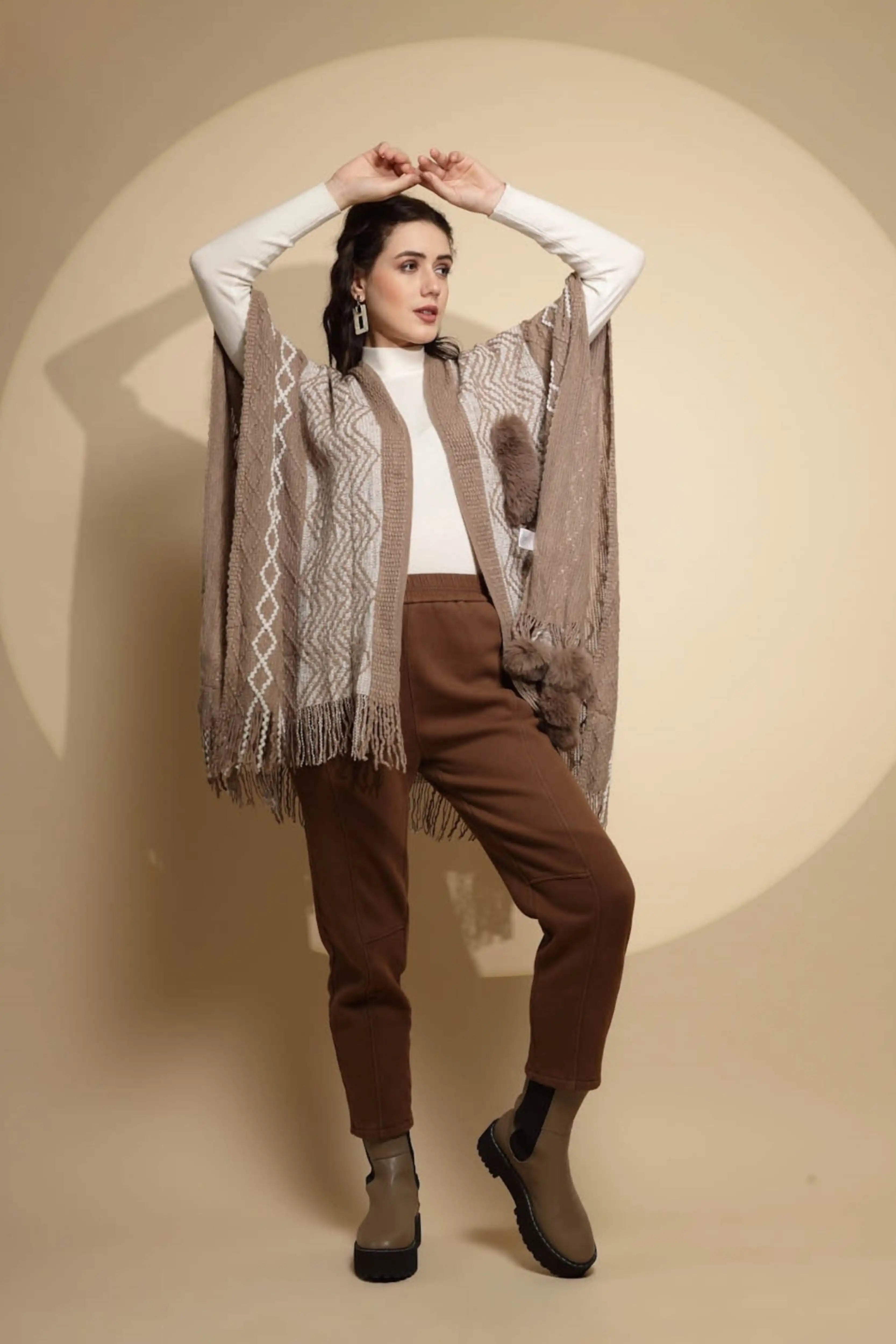 Checkered Acrylic Fur Balls Cape