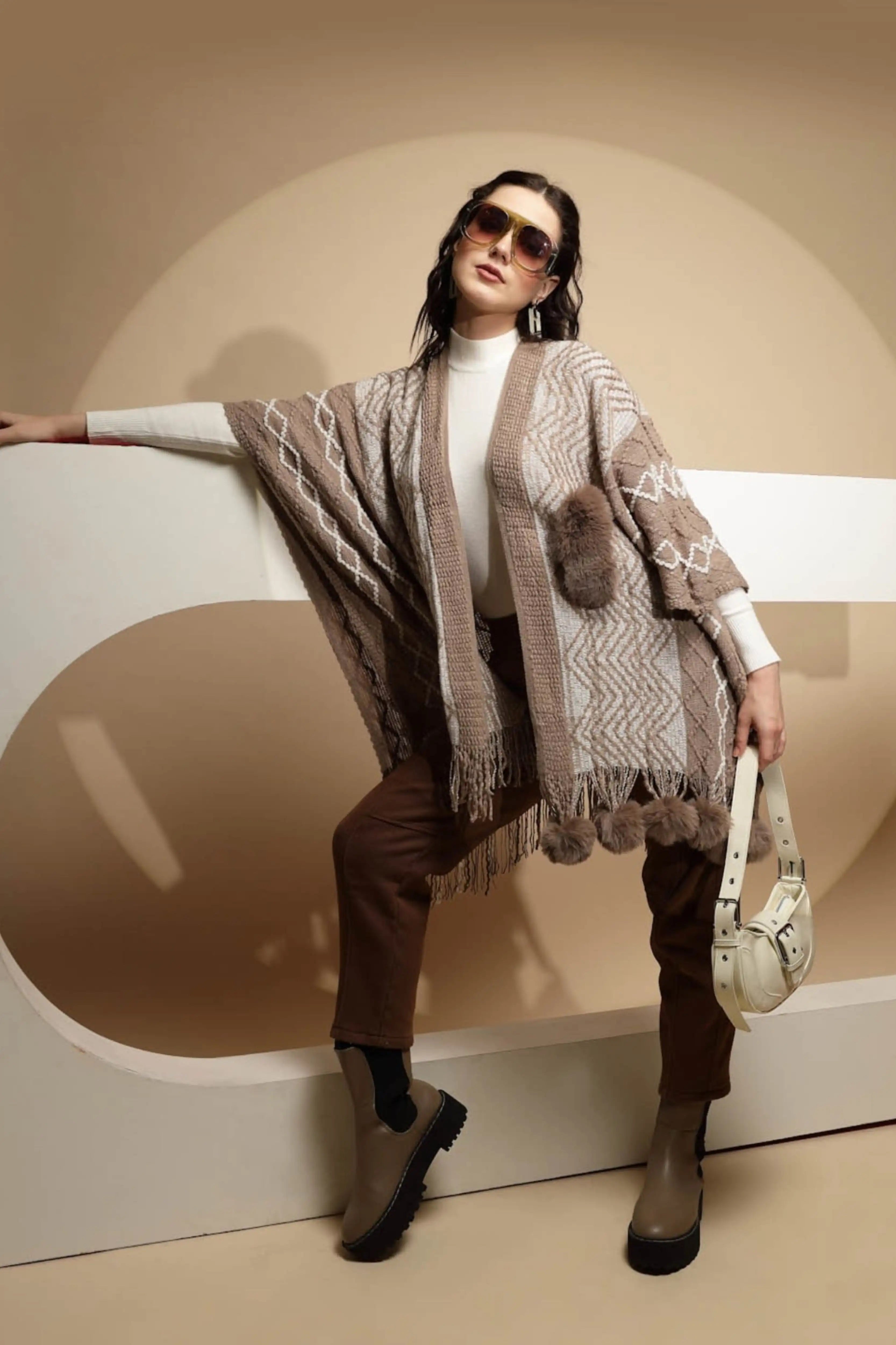 Checkered Acrylic Fur Balls Cape