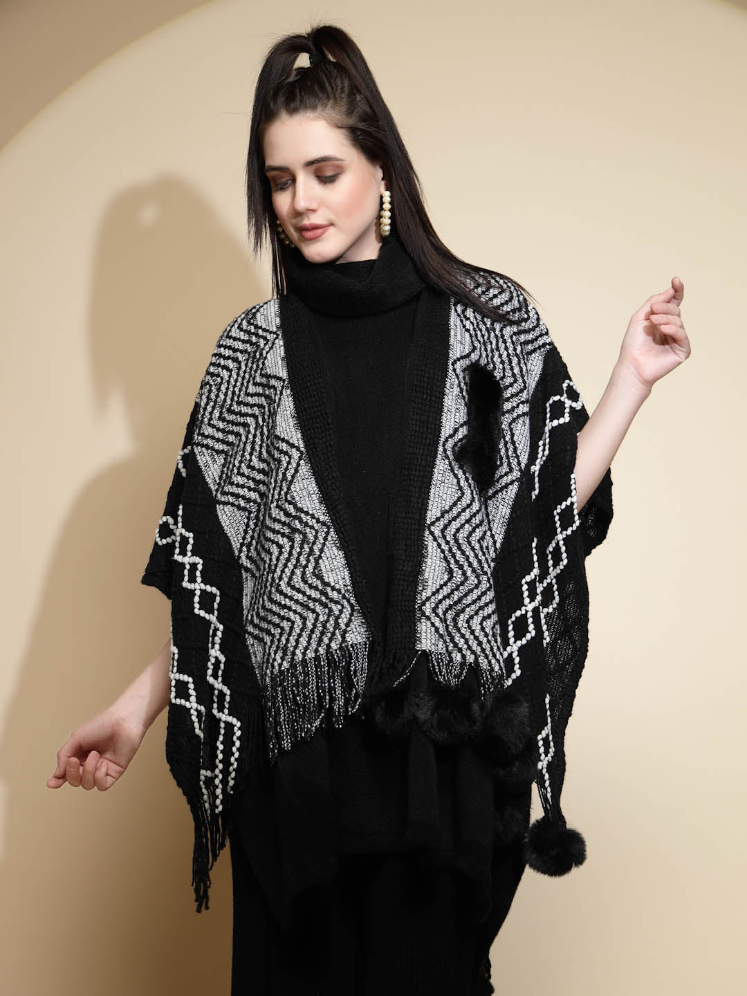 Checkered Acrylic Fur Balls Cape - Global Republic