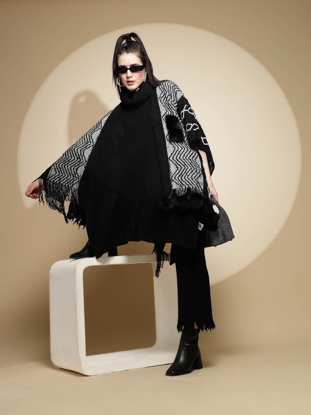 Checkered Acrylic Fur Balls Cape - Global Republic