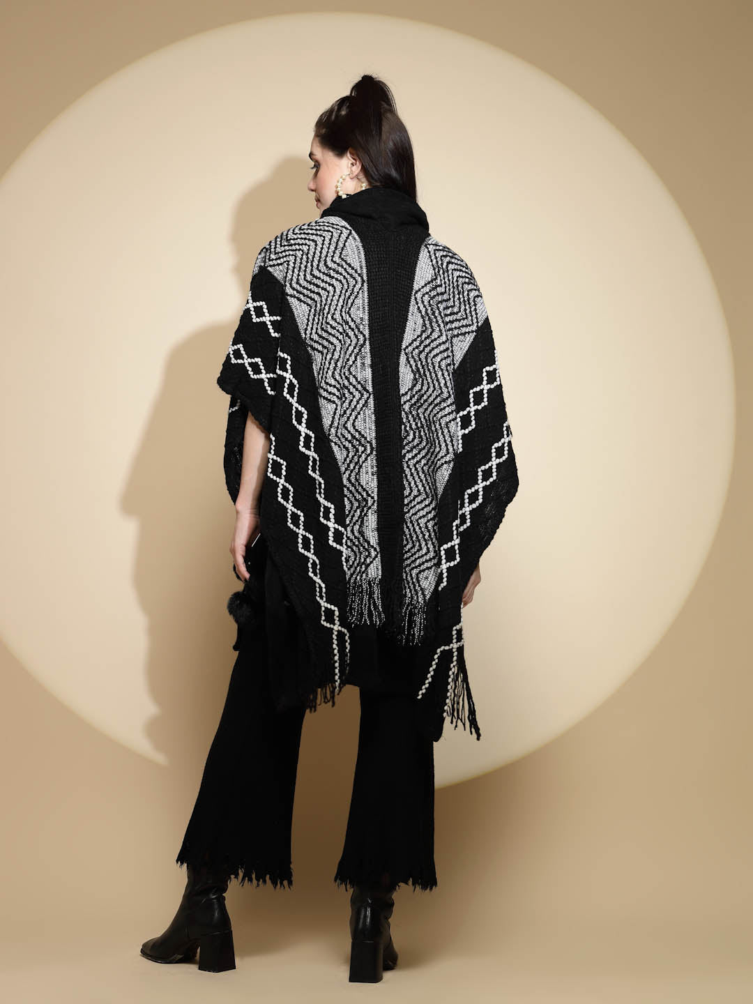 Checkered Acrylic Fur Balls Cape - Global Republic