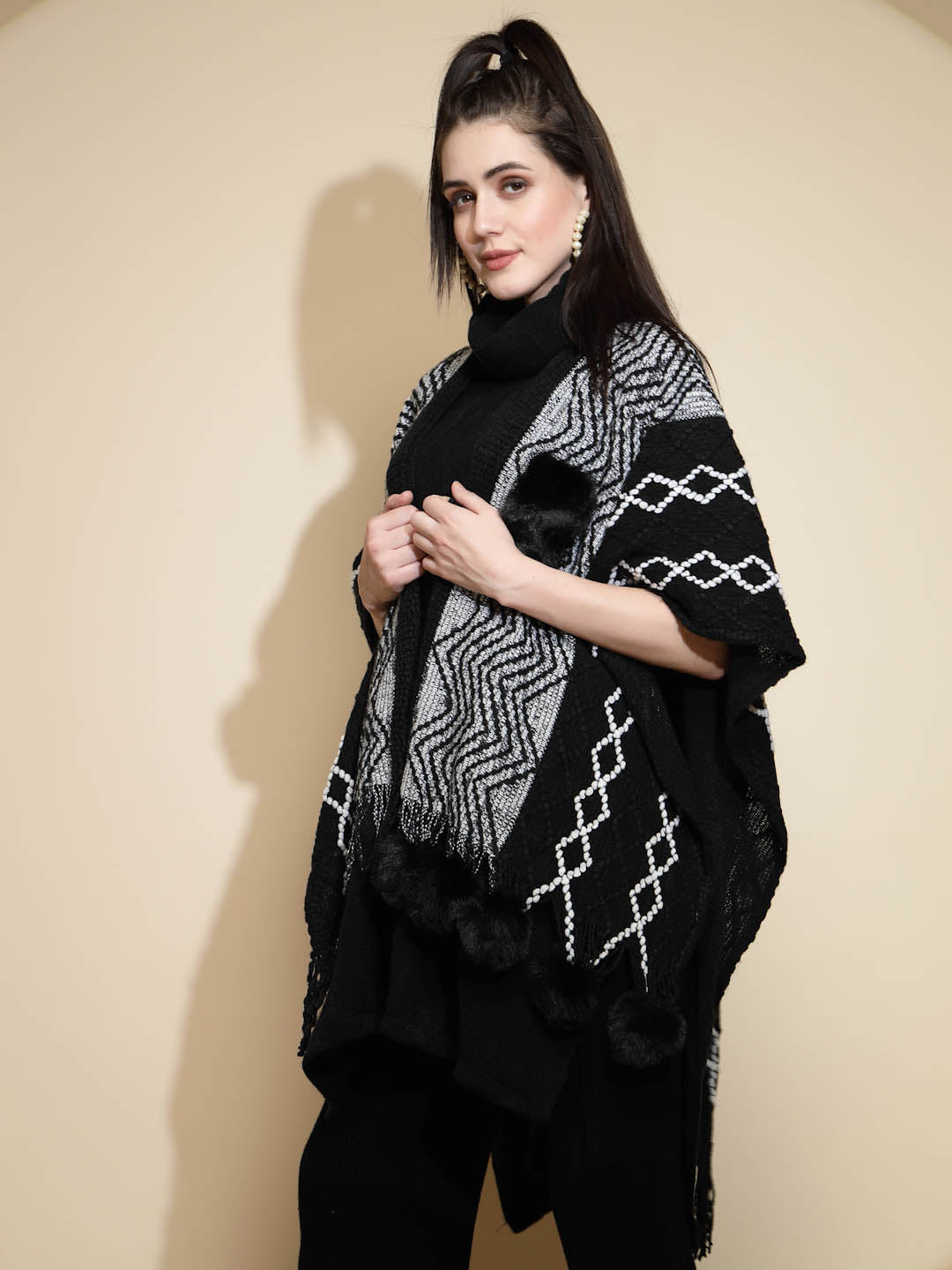 Checkered Acrylic Fur Balls Cape - Global Republic