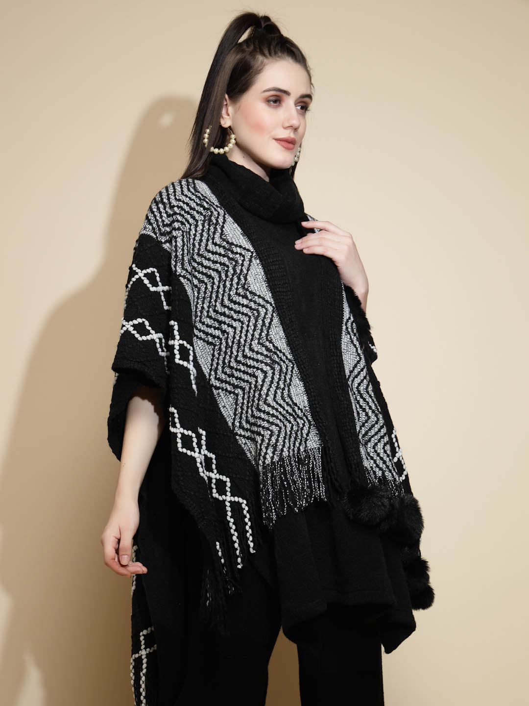 Checkered Acrylic Fur Balls Cape - Global Republic