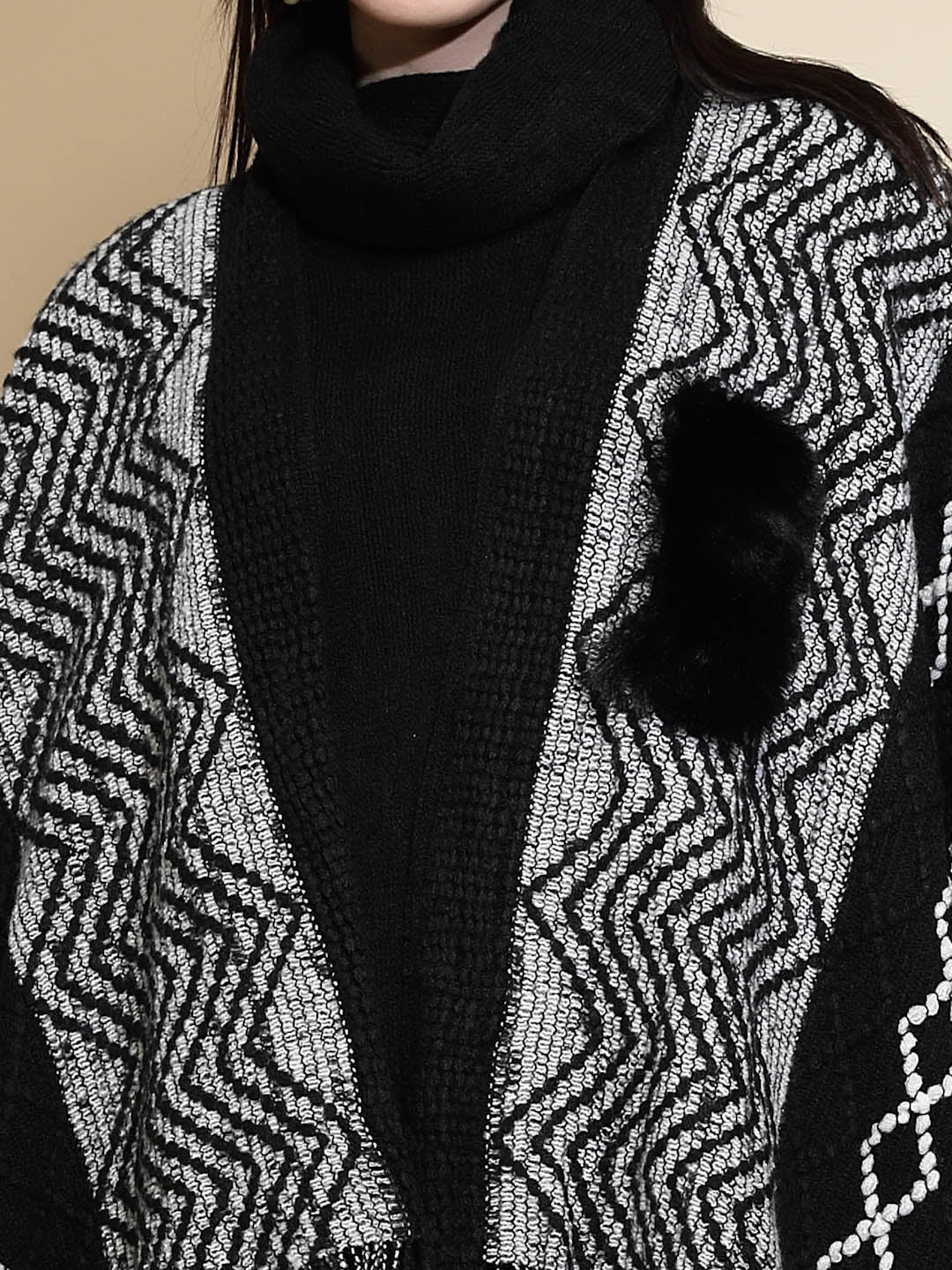 Checkered Acrylic Fur Balls Cape - Global Republic