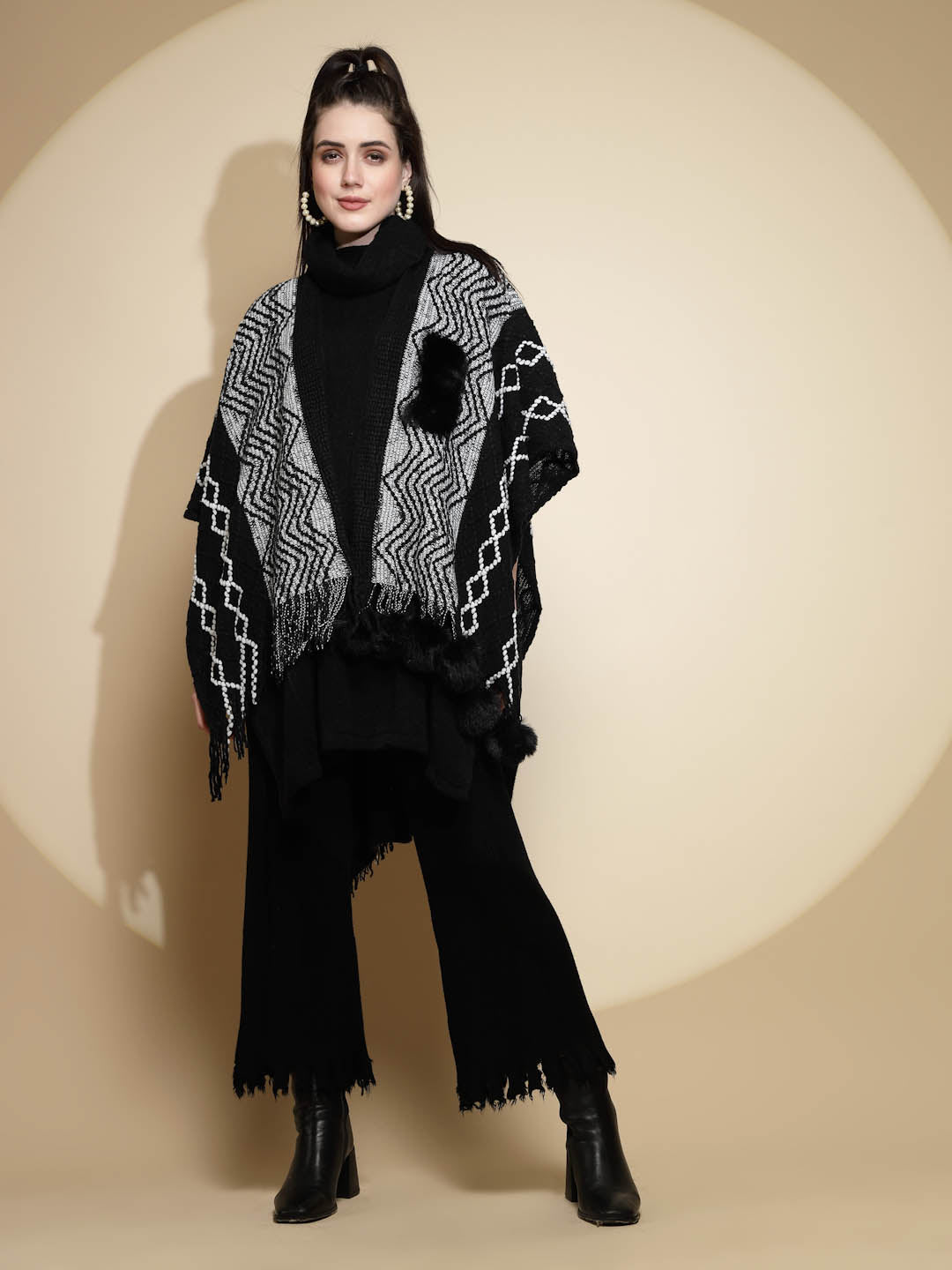 Checkered Acrylic Fur Balls Cape - Global Republic