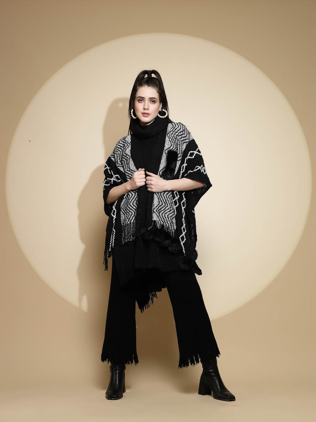 Checkered Acrylic Fur Balls Cape - Global Republic