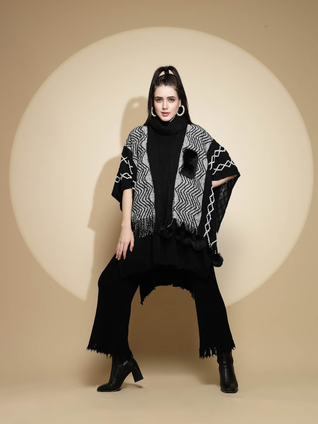 Checkered Acrylic Fur Balls Cape - Global Republic