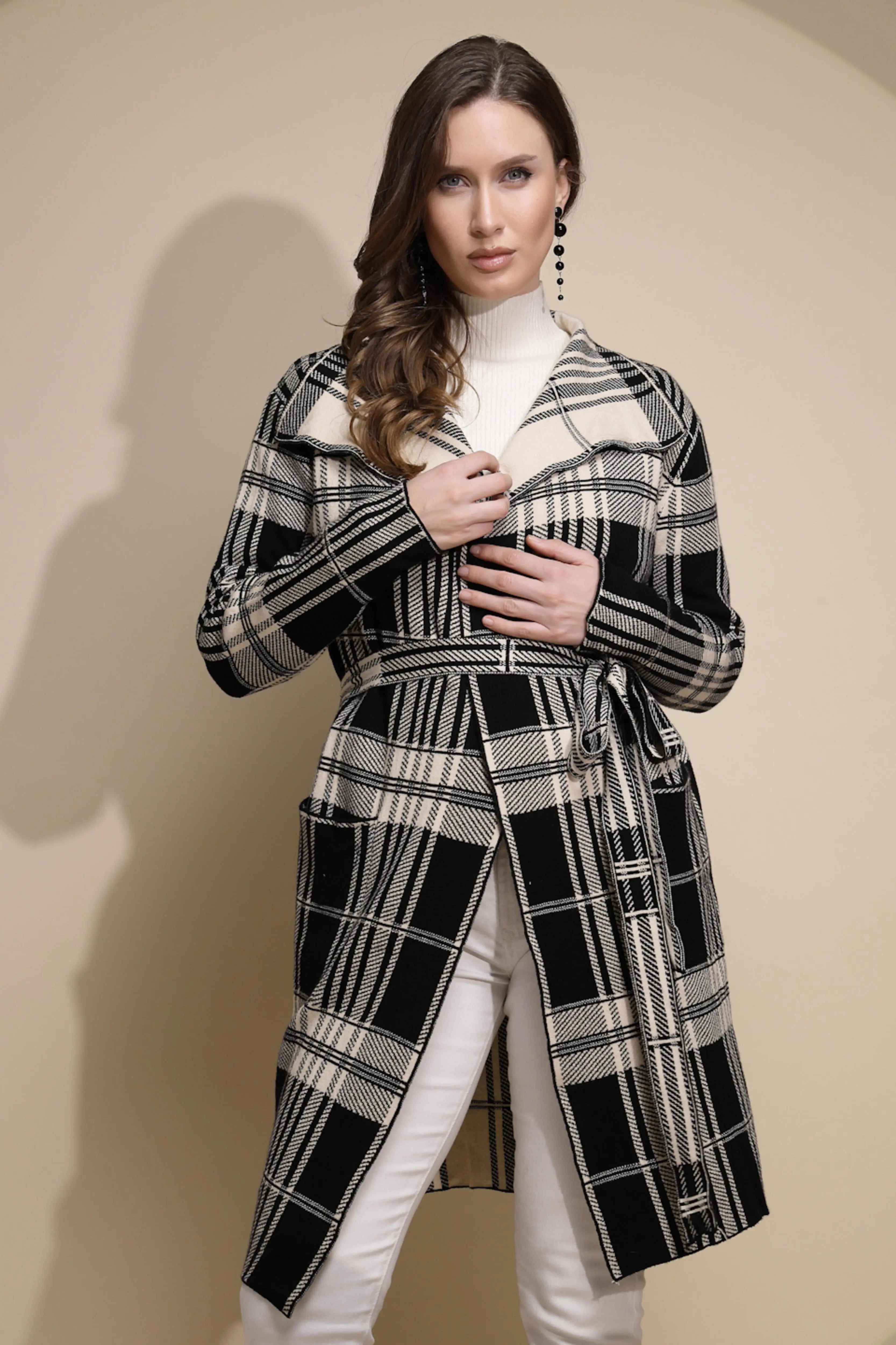 Women Beige Check Full Sleeve Collar Neck Knitted Winter Wrap Coat with Belt - Global Republic