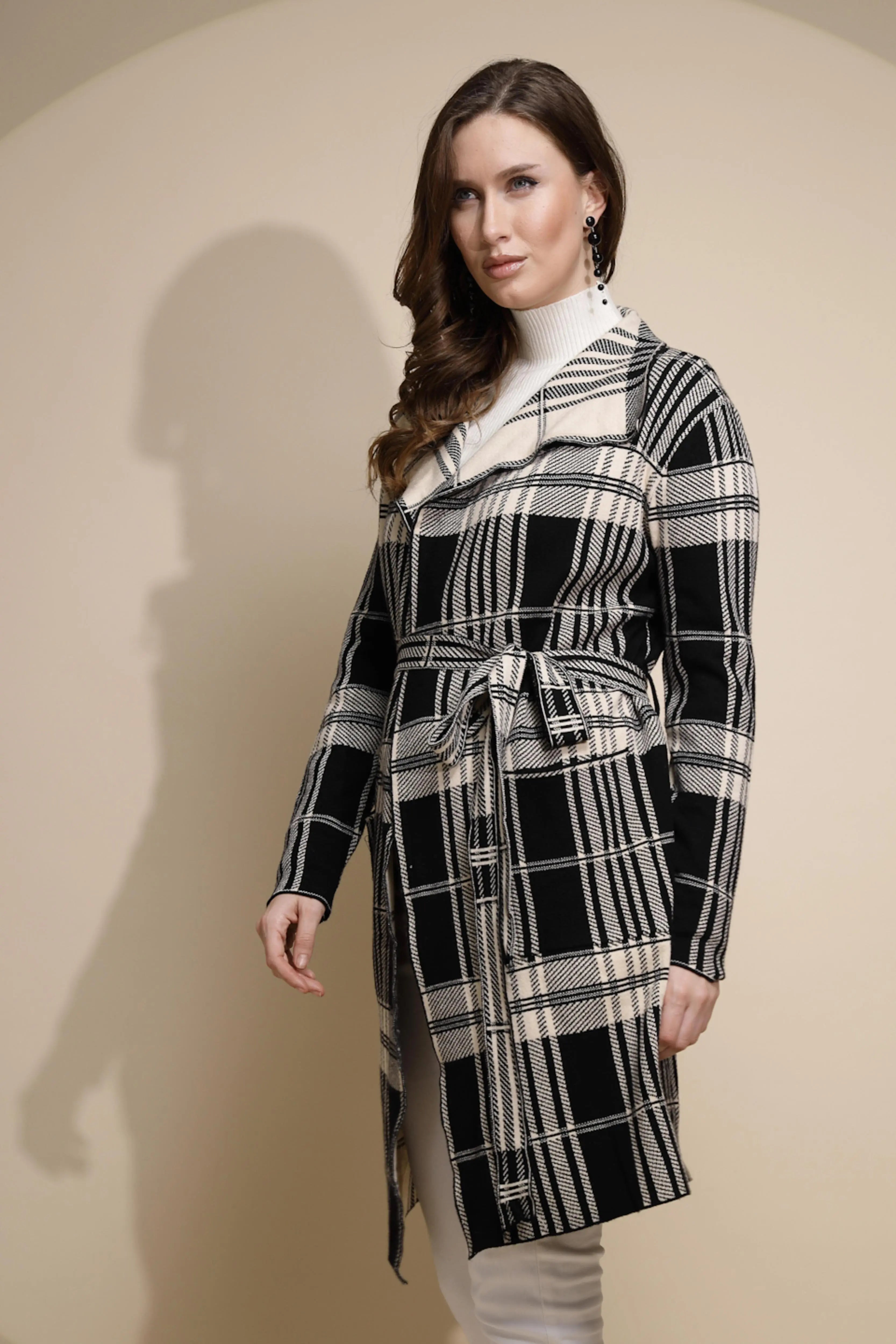 Women Beige Check Full Sleeve Collar Neck Knitted Winter Wrap Coat with Belt - Global Republic