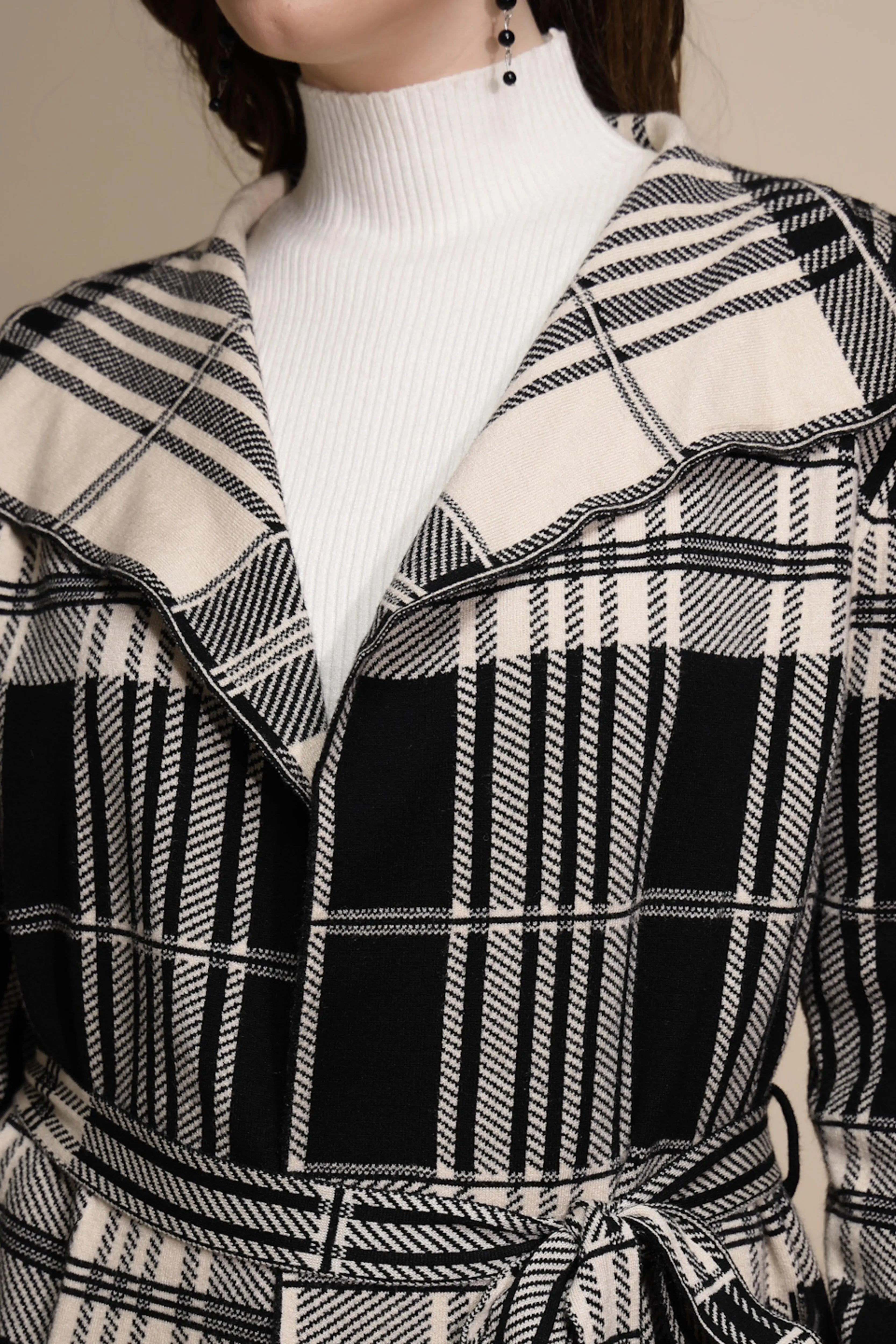 Beige Knit Winter Wrap Coat with Belt - Global Republic