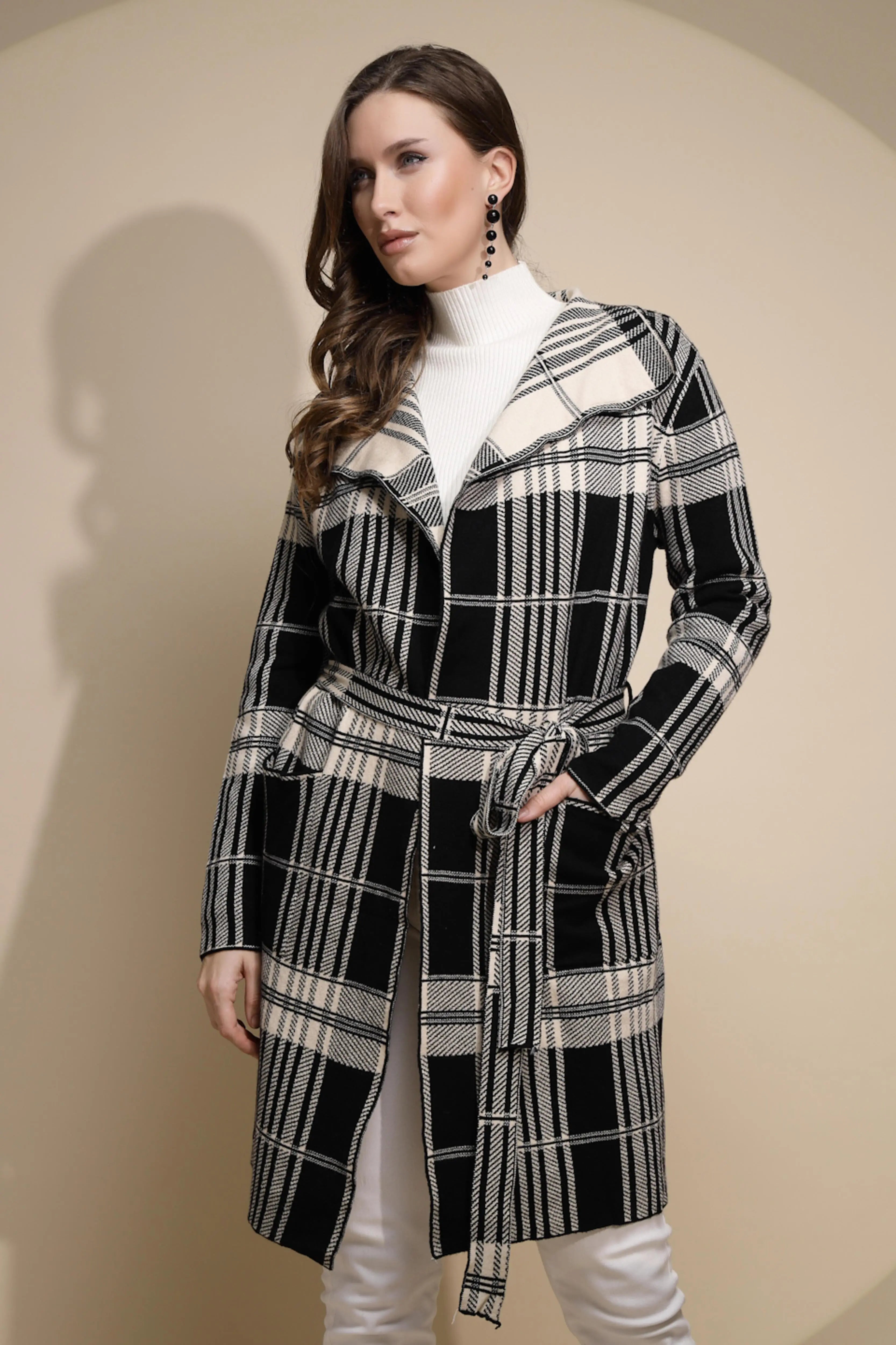 Beige Knit Winter Wrap Coat with Belt - Global Republic