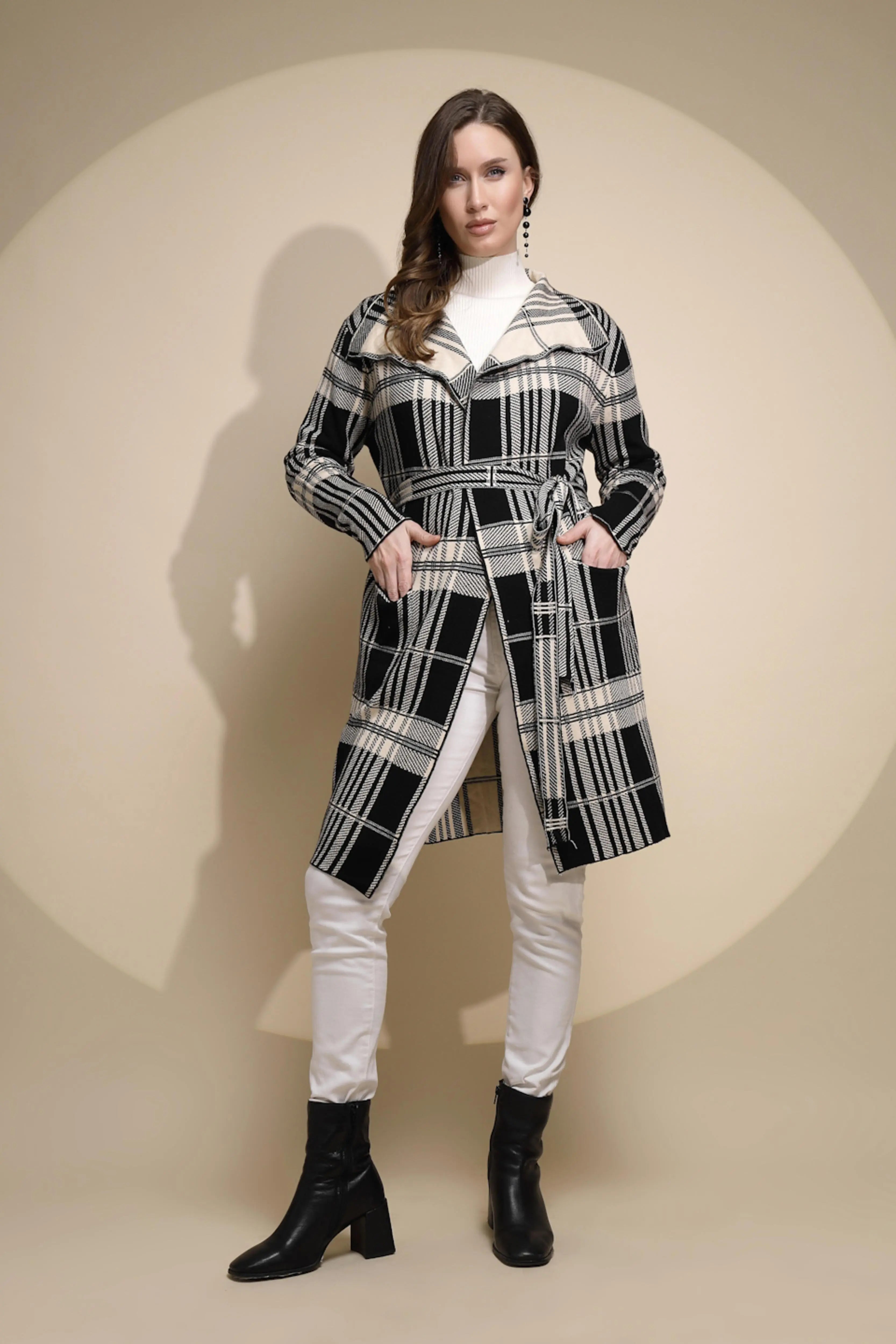 Beige Knit Winter Wrap Coat with Belt - Global Republic